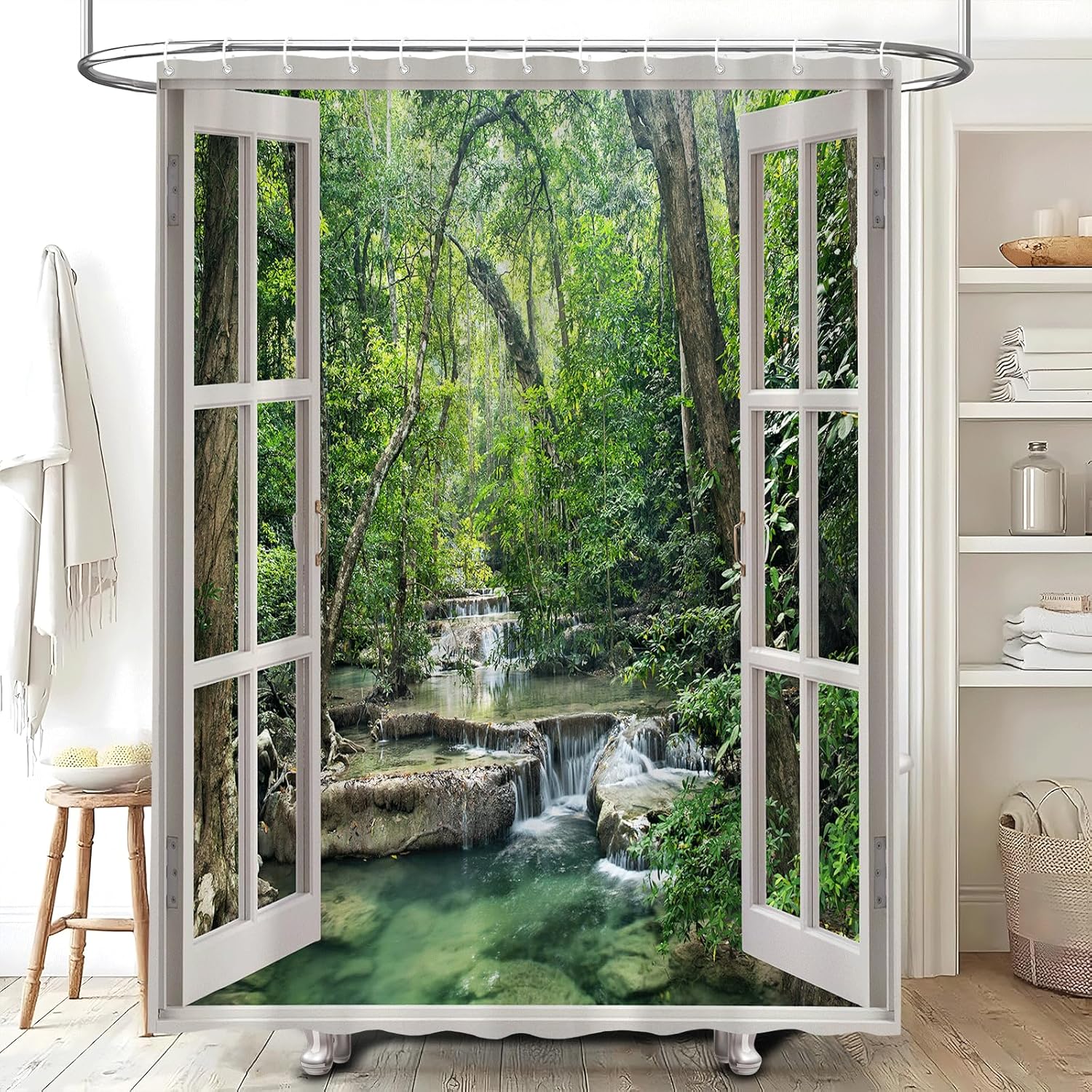 Forest Waterfall Shower Curtain Nature Scenery Green Tree Tropical Rainforest Jungle Sunlight River Stone Seasonal Spring Outdoor Landscape Fabric Bathroom Decor Set with Hooks 70Wx90H Inch