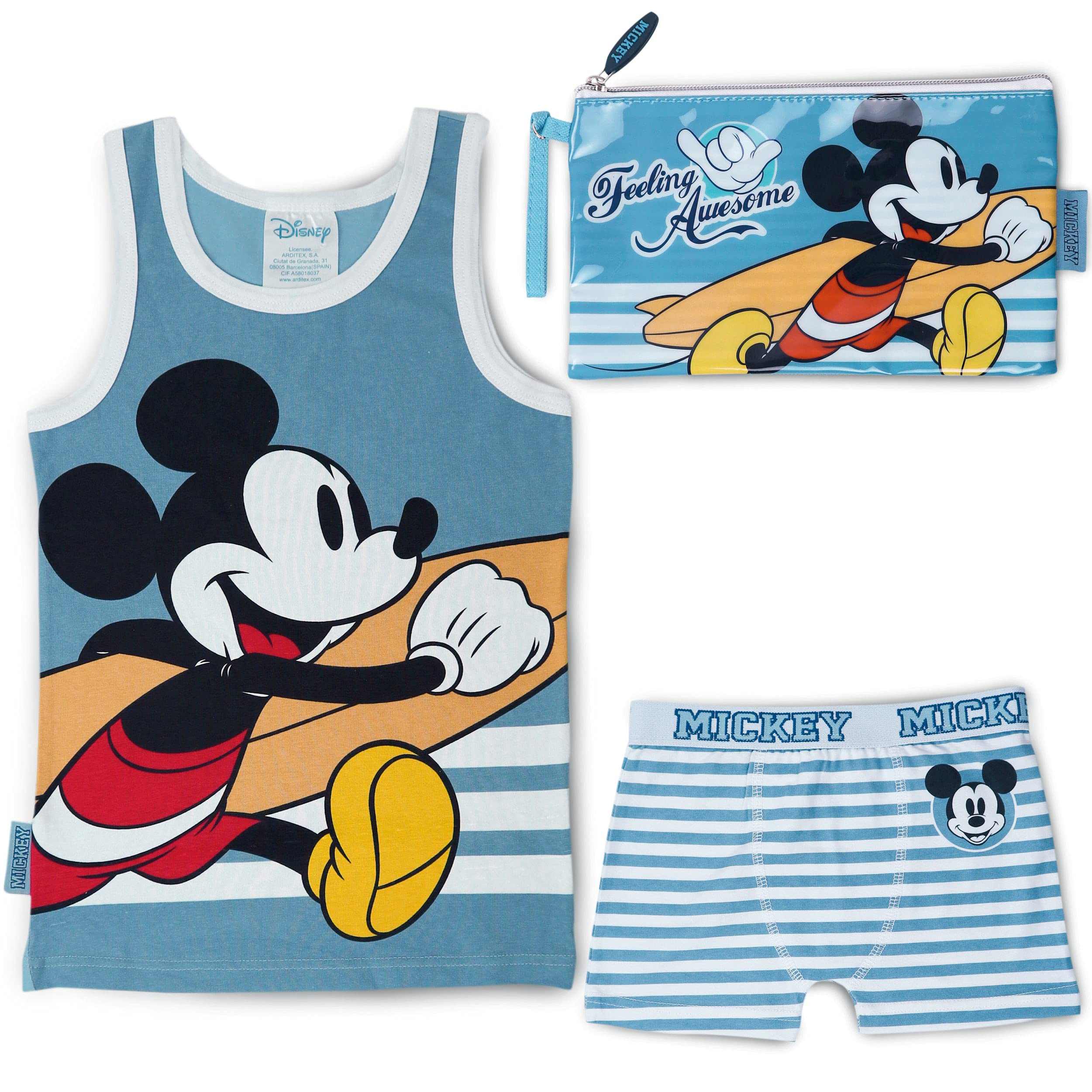 BONNYCO Pijama Niño y Neceser Pequeño Mickey Mouse - Conjunto de Pijama con Camiseta de Tirantes y Pantalón Corto - Incluido Neceser Niño para Guardar Accesorios | Pijamas Niños Verano y Bolsa de Aseo