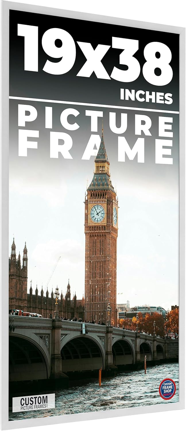 19x38 Frame White Real Wood Picture Frame Width 0.75 Inches | Interior Frame Depth 0.5 Inches | Bianca Mid Century Photo Frame Complete with UV Acrylic, Foam Board Backing & Hanging Hardware