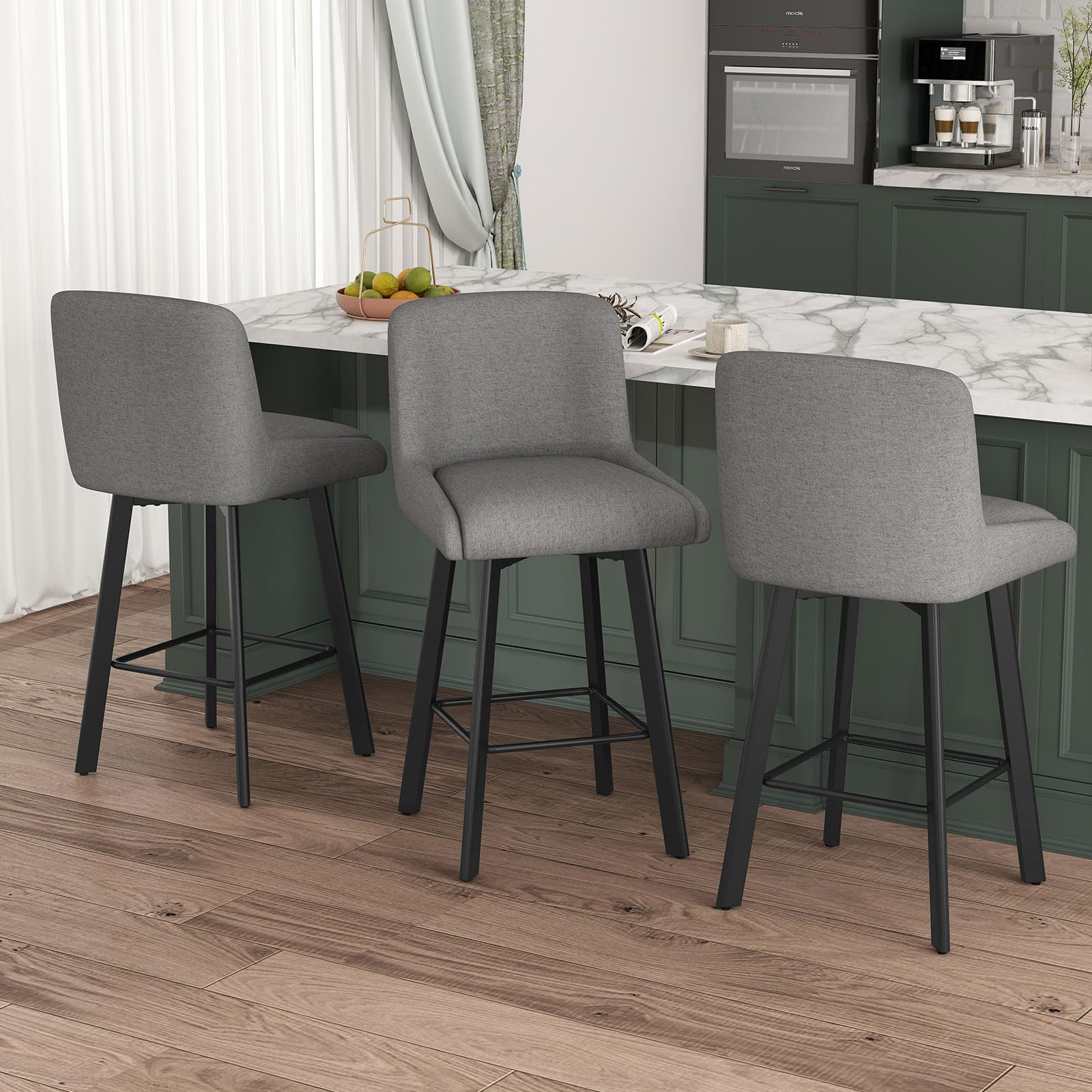 SAECKBERG Swivel Counter Height Bar Stools Set of 3, 26''H Upholstered Barstools with Backs, Modern Bar Stool Chairs for Kitchen Island, Metal Legs,