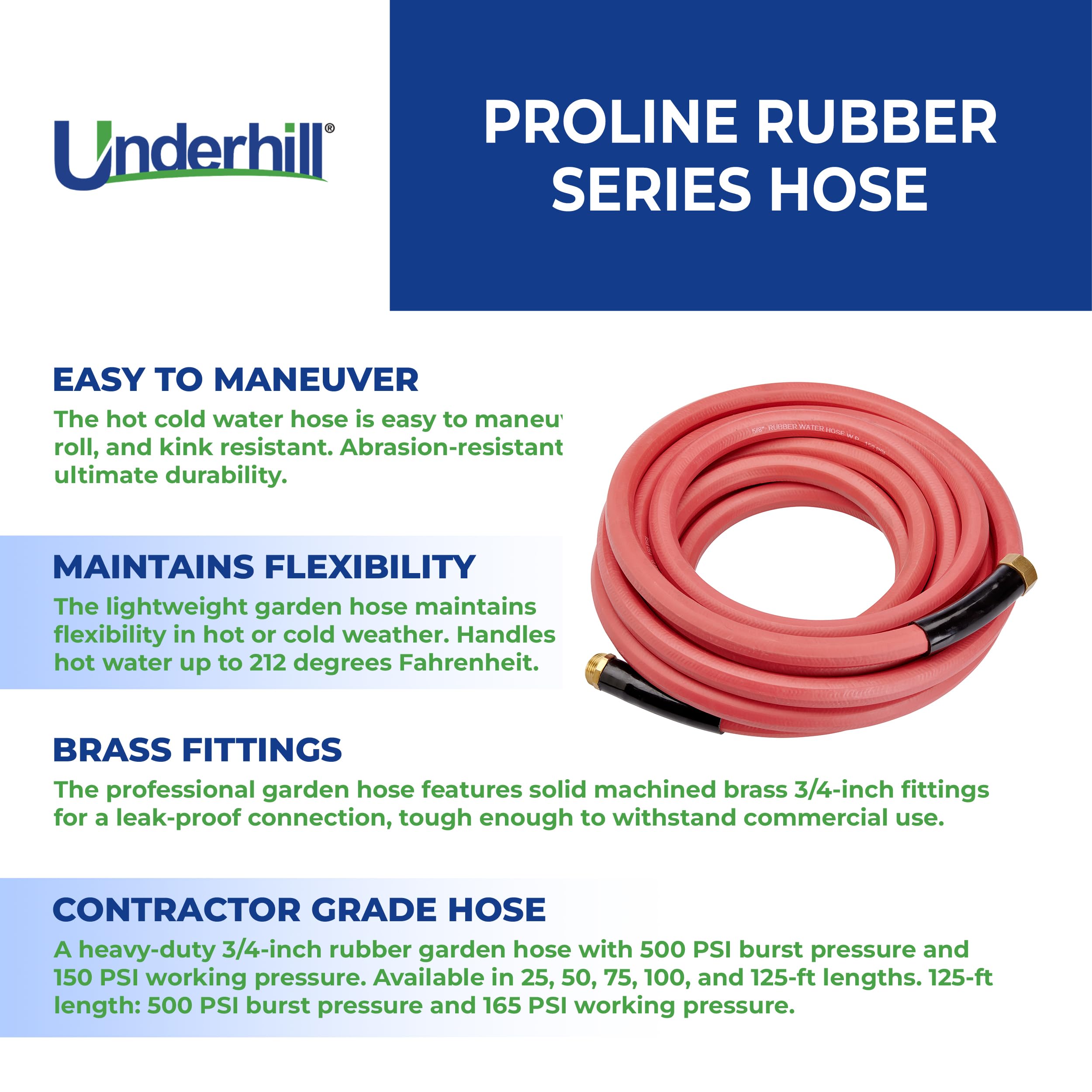 Underhill Proline Rubber Series - Manguera de jardín resistente para agua caliente o fría, ligera, 500 PSI BP, 165 PSI WP, H75-125PRO-R 3/4 pulgadas x 125 pies, color rojo