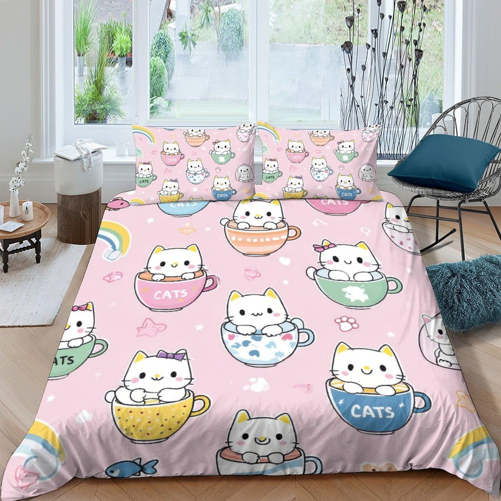 Ctjqhvkz Style-3 3D Printed Cute Cat Teacup Fitted Sheet Microfiber Pastel Rainbow Bed Cover For Bedroom Dorm Mattress Protection Decor Single（135X200cm）