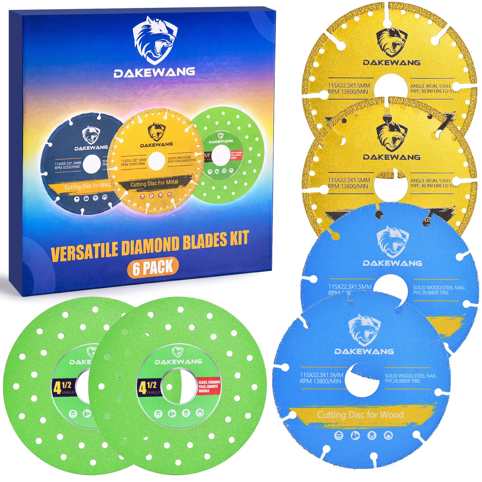 6pack 3-in-1 Versatile Diamond Blades Kit, Cut Off Wheels 4 1/2 inch for Metal,Rebar,Tile,Marble,Wood, Indestructible Disc for Grinder, Discos para Cortar Ceramica. (3-in-1)