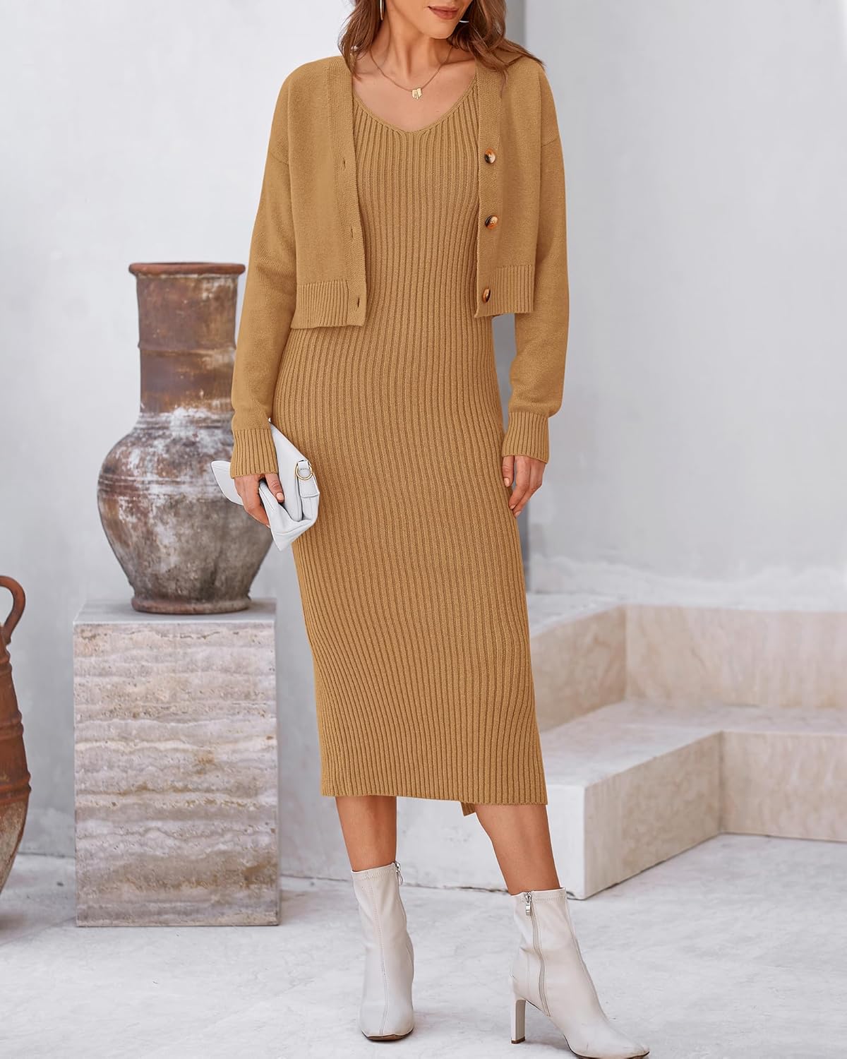 BTFBM Women Fall Knit Sweater Dress Set Bodycon Slit Midi Dresses Button Down Long Sleeve Cropped Cardigan 2 Piece Sets - Image 7