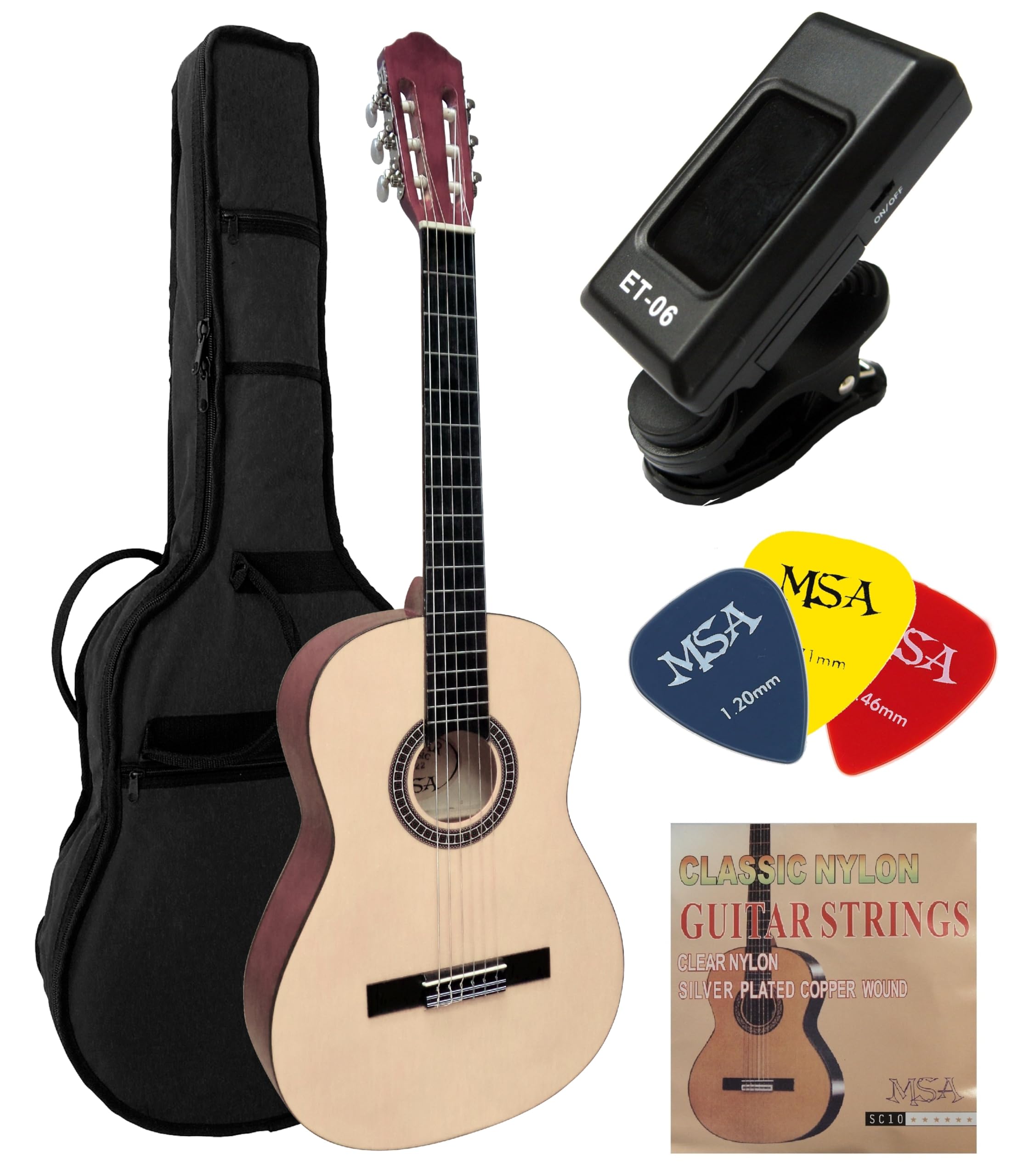 4/4 guitare classique nature avec accessoire, set sac, cordes, plectre, accordeur