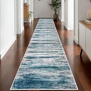 KOZYFLY Modern Abstract Hallway Runner Rug, 2.6x16 Washable Rug Runner Non-Slip Soft Striped Kitchen Runner Rugs, Print Distressed Blue Carpet Runner for Entryway Bathroom Laundry Room Foyer
