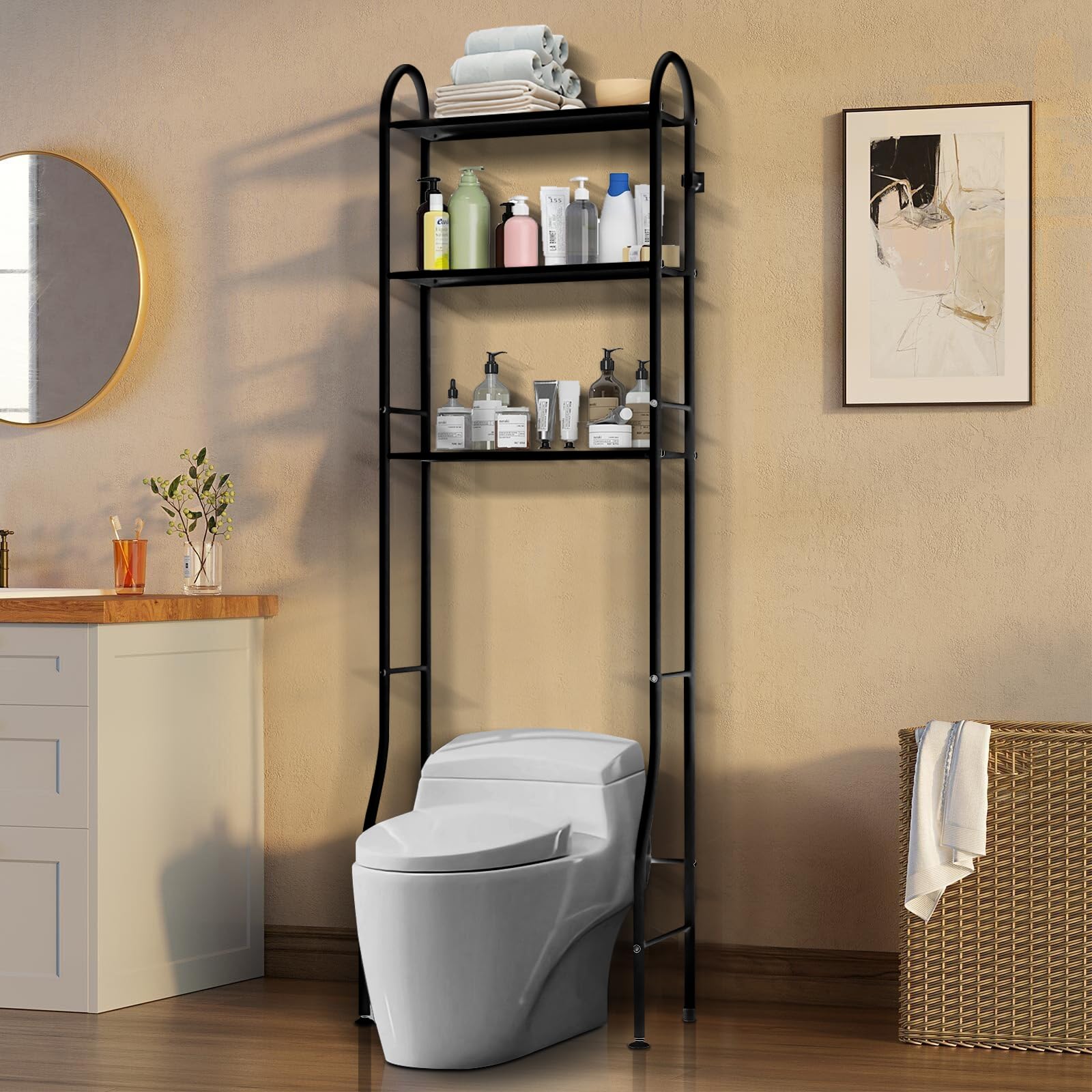 JOCHER 3-Tier Over The Toilet Storage Rack,Bathroom Organizer Shelf Over Toilet Storage,Above Toilet Storage Rack,Space Saver,Easy to Assemble,Fit Most Toilets,9.9" D x 18.1" W x 60" H (Black)