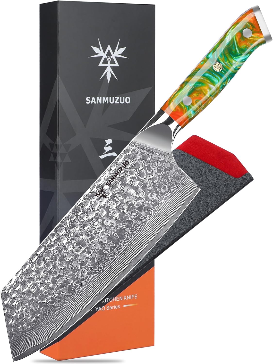 7.5" Nakiri Knife - Kitchen Vegetable Cleaver - Japanese Usuba Knife - Hammered Damascus Steel & Resin Handle - YAO Series