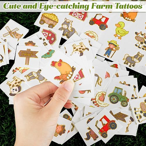 Miniatura 5 de ADXCO 144 tatuajes para fiesta de granja, tatuajes temporales de animales de granja con purpurina dorada para niños, decoración de cumpleaños,