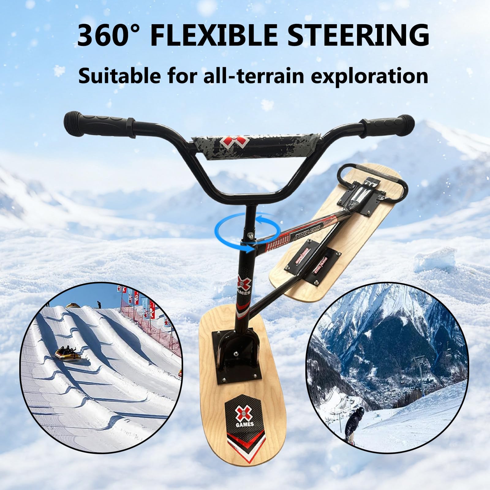 Scooter da Neve/Slitta da Snowboard Professionale, Adolescenti E Principianti Sci Rotanti A 360°, per Adulti con Sci Posteriori Rotanti E Anima in Legno A5 Black