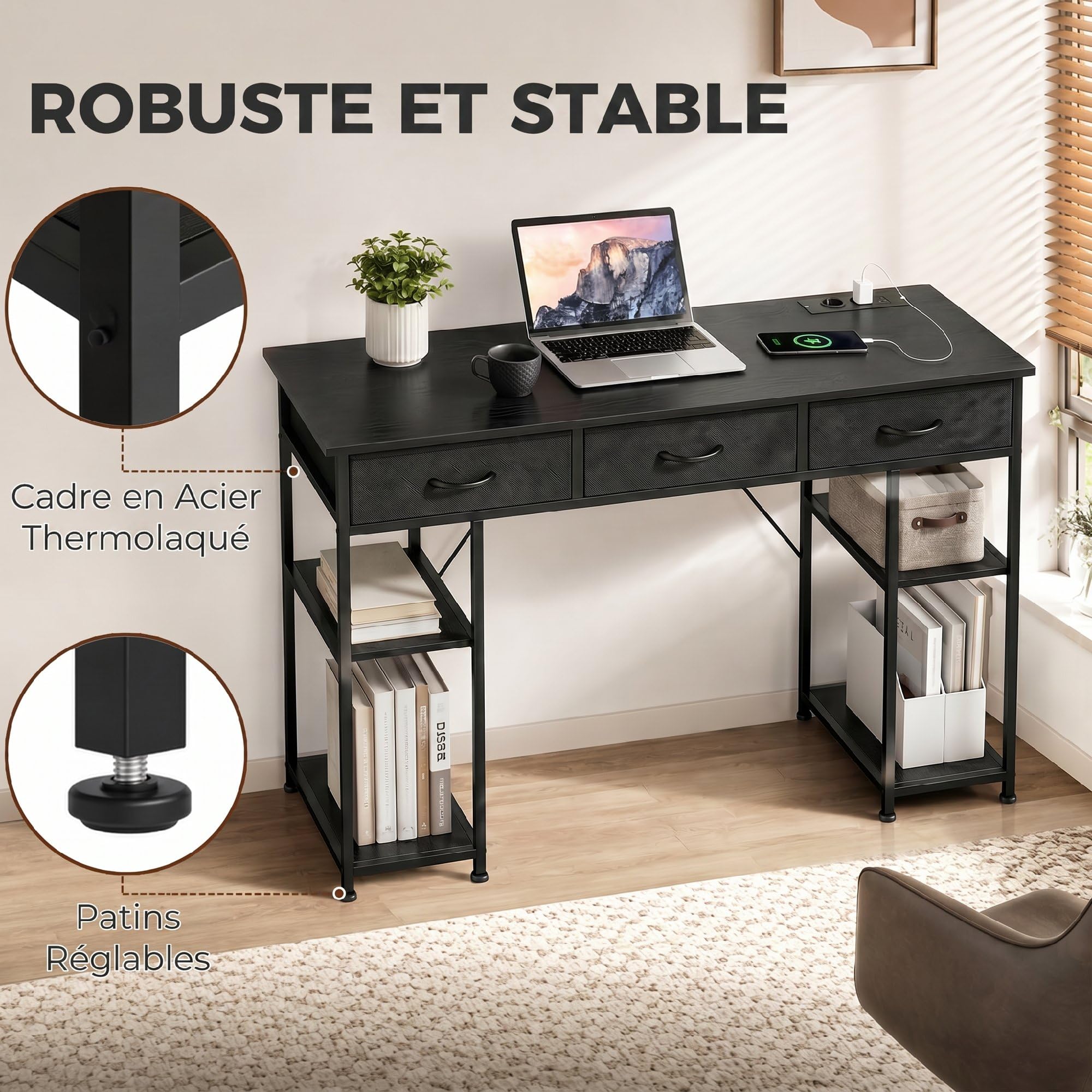 HOMCOM Scrivania per computer con 2 prese di ricarica USB e 2 prese di corrente, scrivania con deposito 120 x 40 cm, ripiani regolabili e 3 cassetti in tessuto, postazione di lavoro, telaio in acciaio