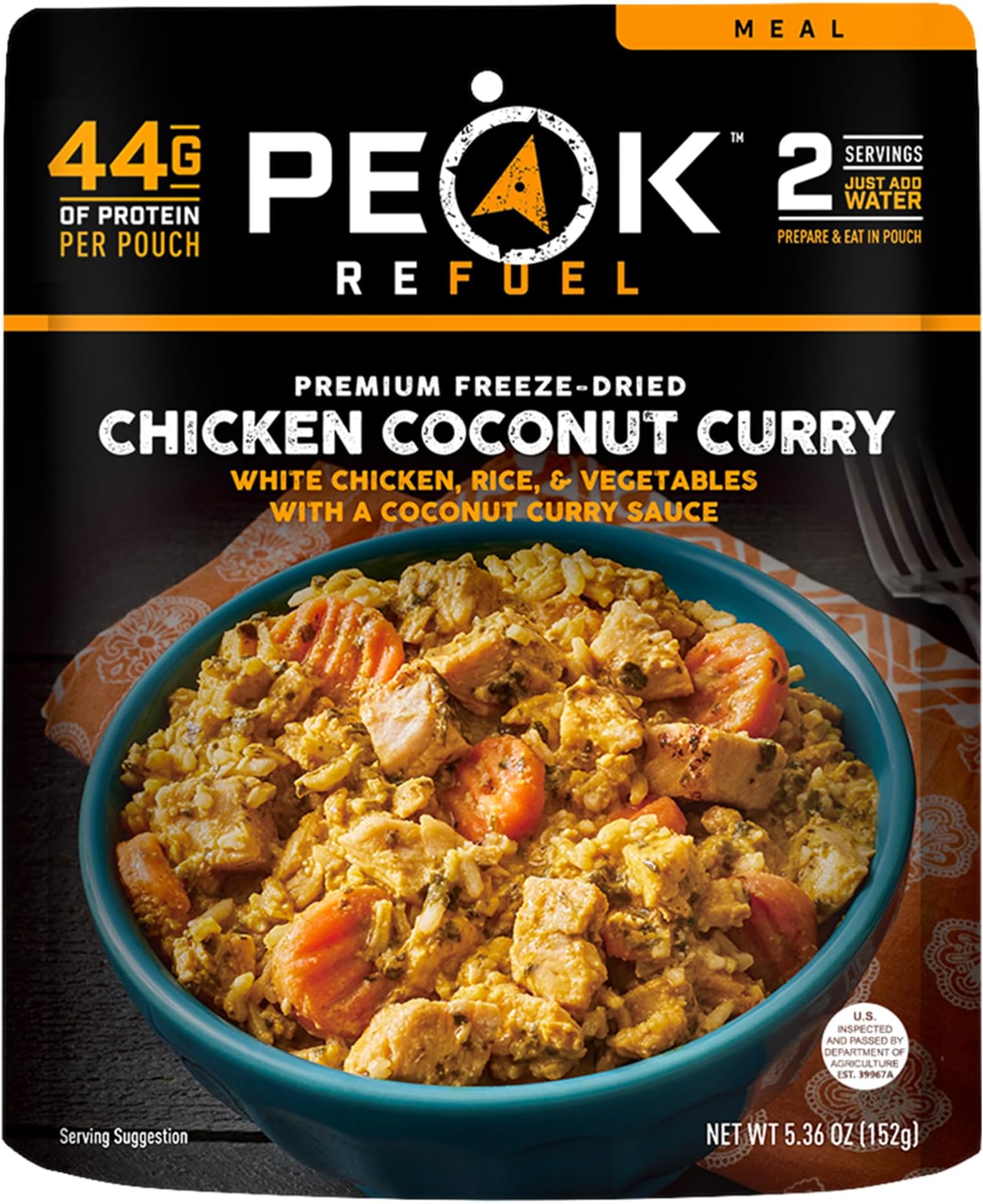Peak Refuel Chicken Coconut Curry | Freeze Dried Backpacking and Camping Food | Amazing Taste & Quality | High Protein | Real Meat | Quick Prep (2 Serving Pouch)