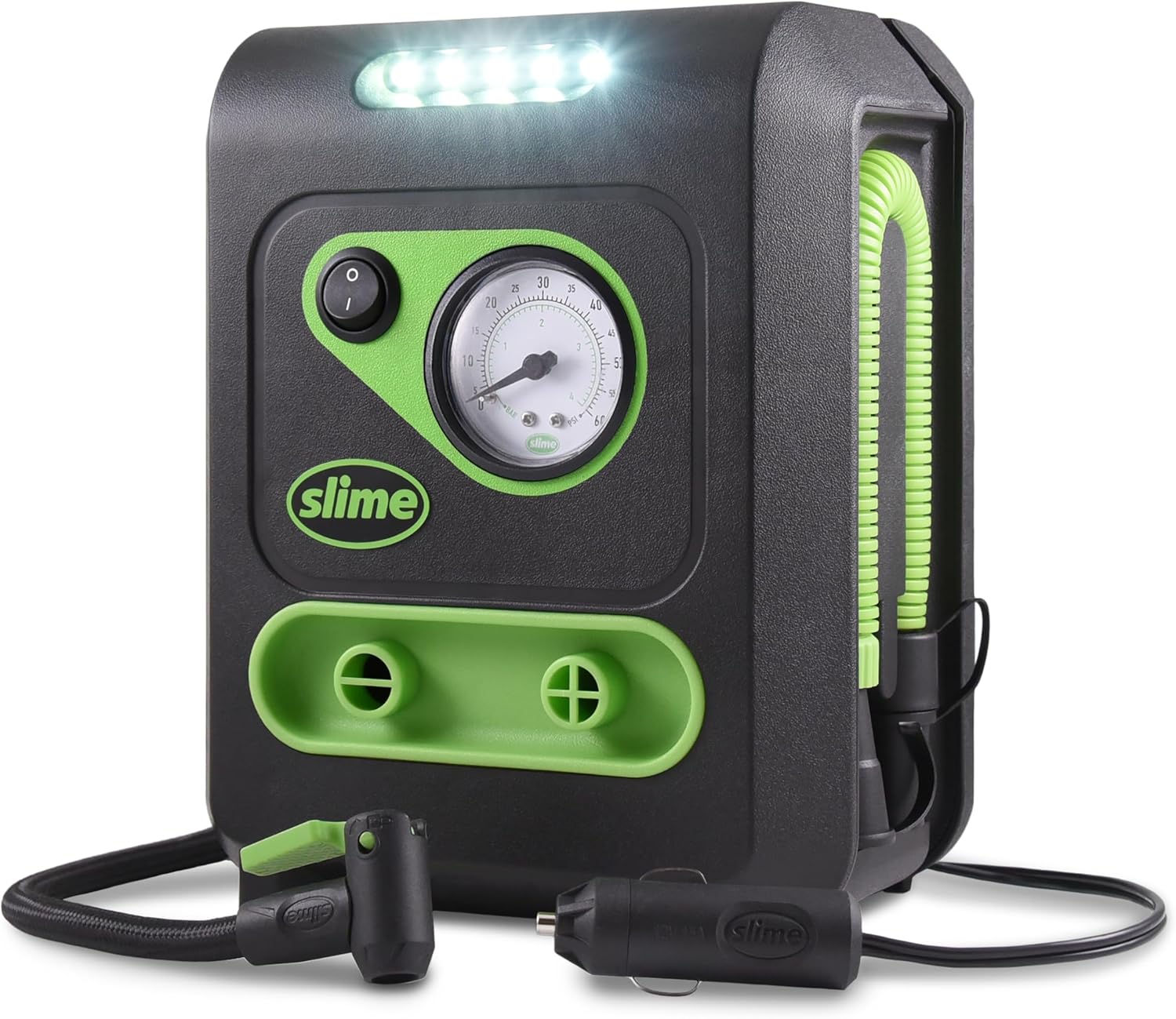 Slime 40034 Tire and Mattress Inflator, All-Purpose, High Pressure, High Volume, Analog 100 psi Dial Gauge, LED Light, 8 min Tire inflation, 3 Min Mattress inflation