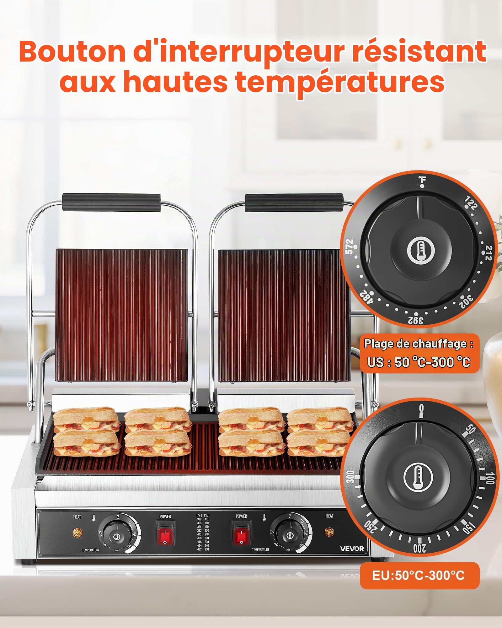 VEVOR Gril Panini Électrique 3600 W, Double Presse à Panini avec Plaque Émaillée Rainurée de 48,5x23 cm, Appareil à Sandwich en Inox, Contrôle de la Température, pour Hamburger, Steak, Cuisine
