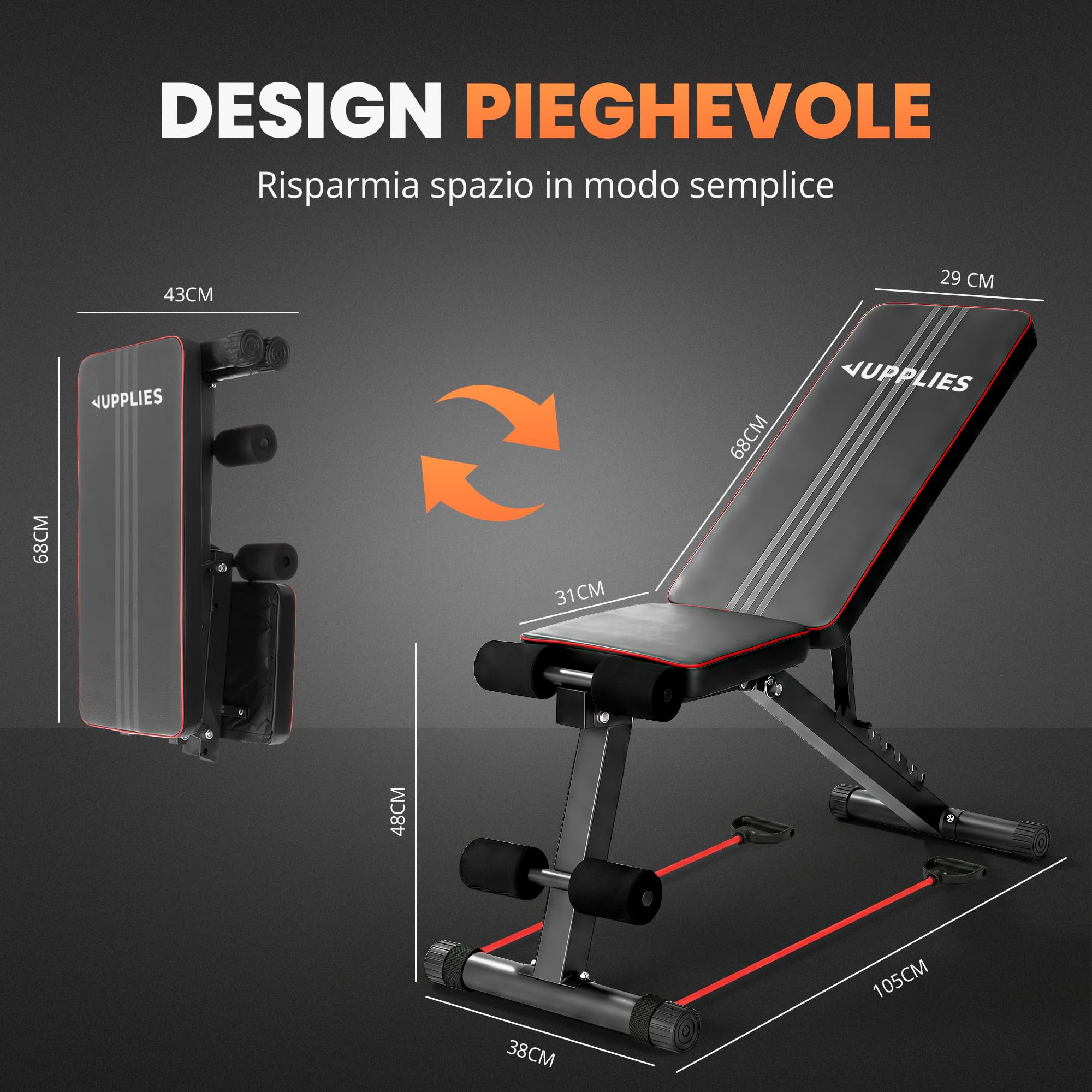 JUPPLIES Panca Pesi Pieghevole Multifunzionale 7 Posizioni | Inclinabile fino a 90° | Capacità 250kg | 2 Bande di Resistenza Incluse | Panca Palestra Casa