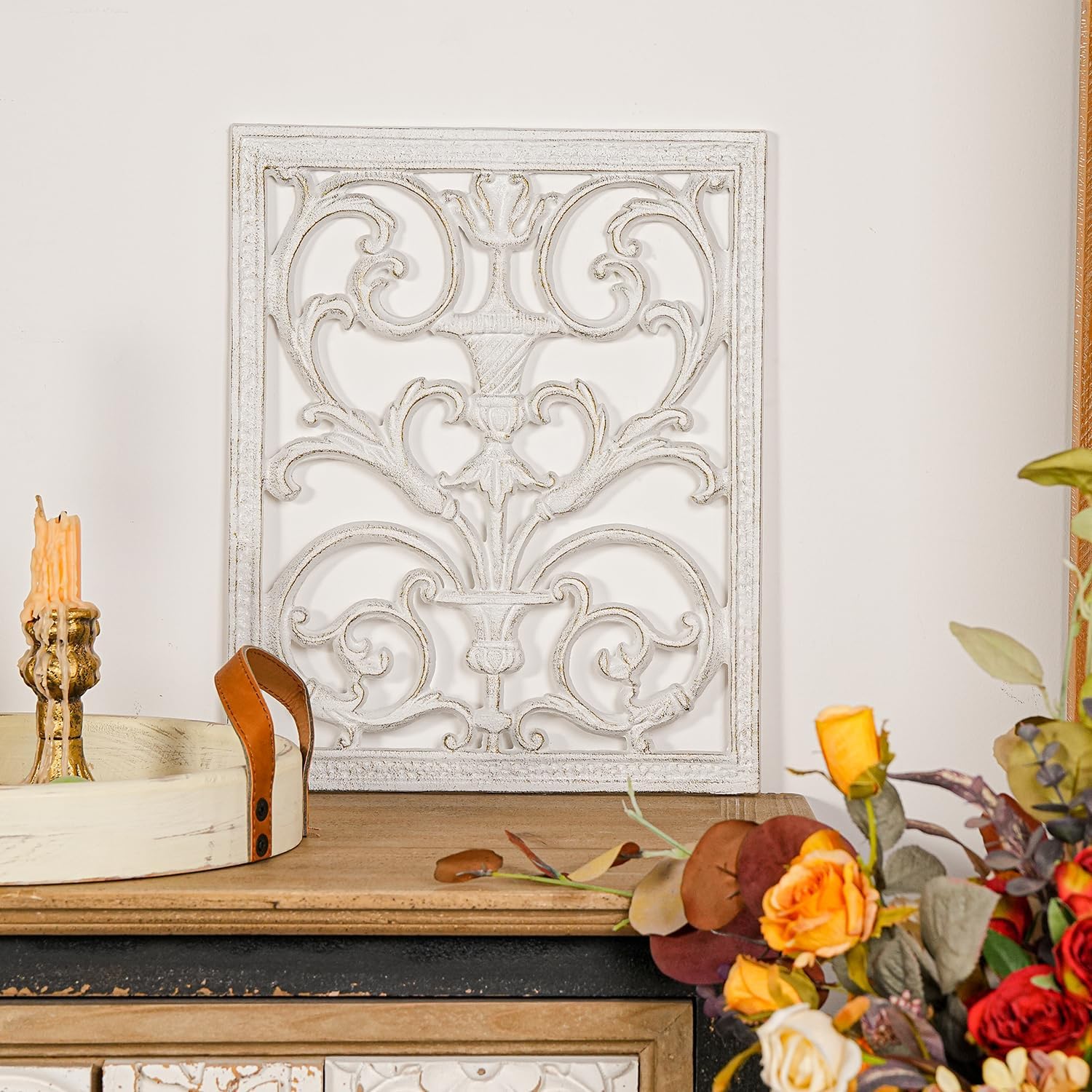 Sungmor Cast Iron Scroll Wall Decor, Flower Carved Artwork, 12x15 Inch Intricate and Pretty Plaque, Living Room, Bedroom Decorations, Antique White with Gold Accent