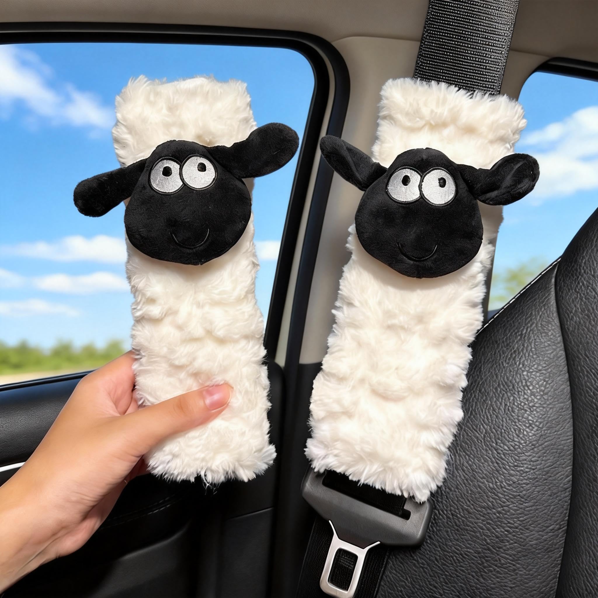 Zigihos 2 PCS Seat Belt Cover Pad, Cute Kawaii Sheep Seatbelt Covers for Kids, Winter Plush Fluffy Soft Seat Belt Cover, Seatbelt Cushion,Car Seat