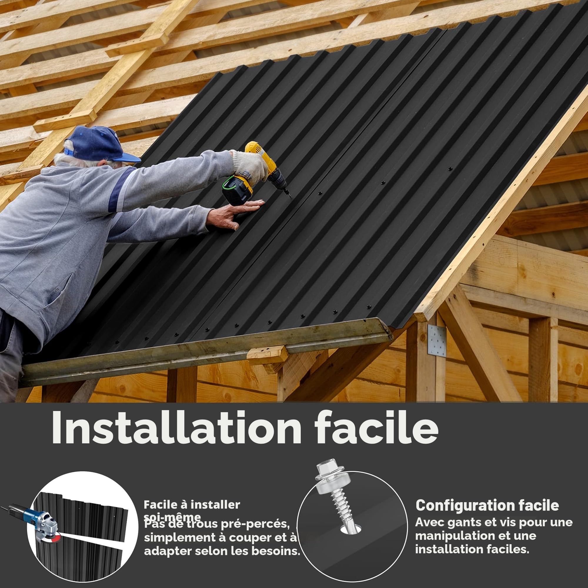 LZQ 12 pièces de tôle ondulée trapézoïdale 129,5x45 cm, 7 m² Tôles ondulées galvanisées en acier, tôle profilée pour abris de jardin, carport, Noir