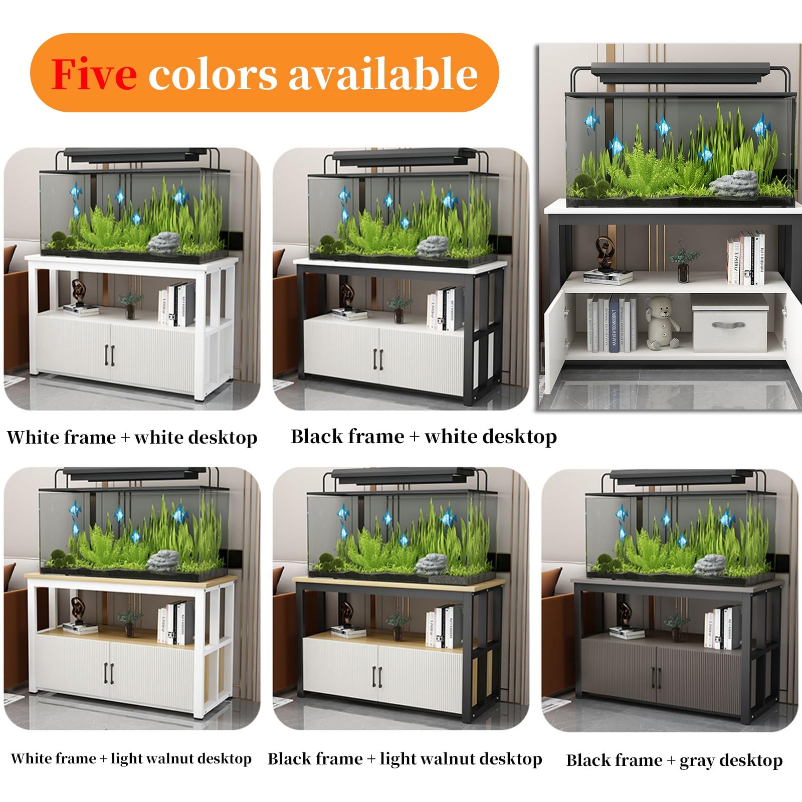 FORRTY Aquarium Mit Unterschrank, Fish Tank Rack Aquarienständer 2-stöckig, 40–120 Cm Lang, Platzsparend, Hohe Tragkraft, Mit Türen Und Ablagen, Ideal Für Wohnzimmer Und Restaurants(Black+gray,120X50X