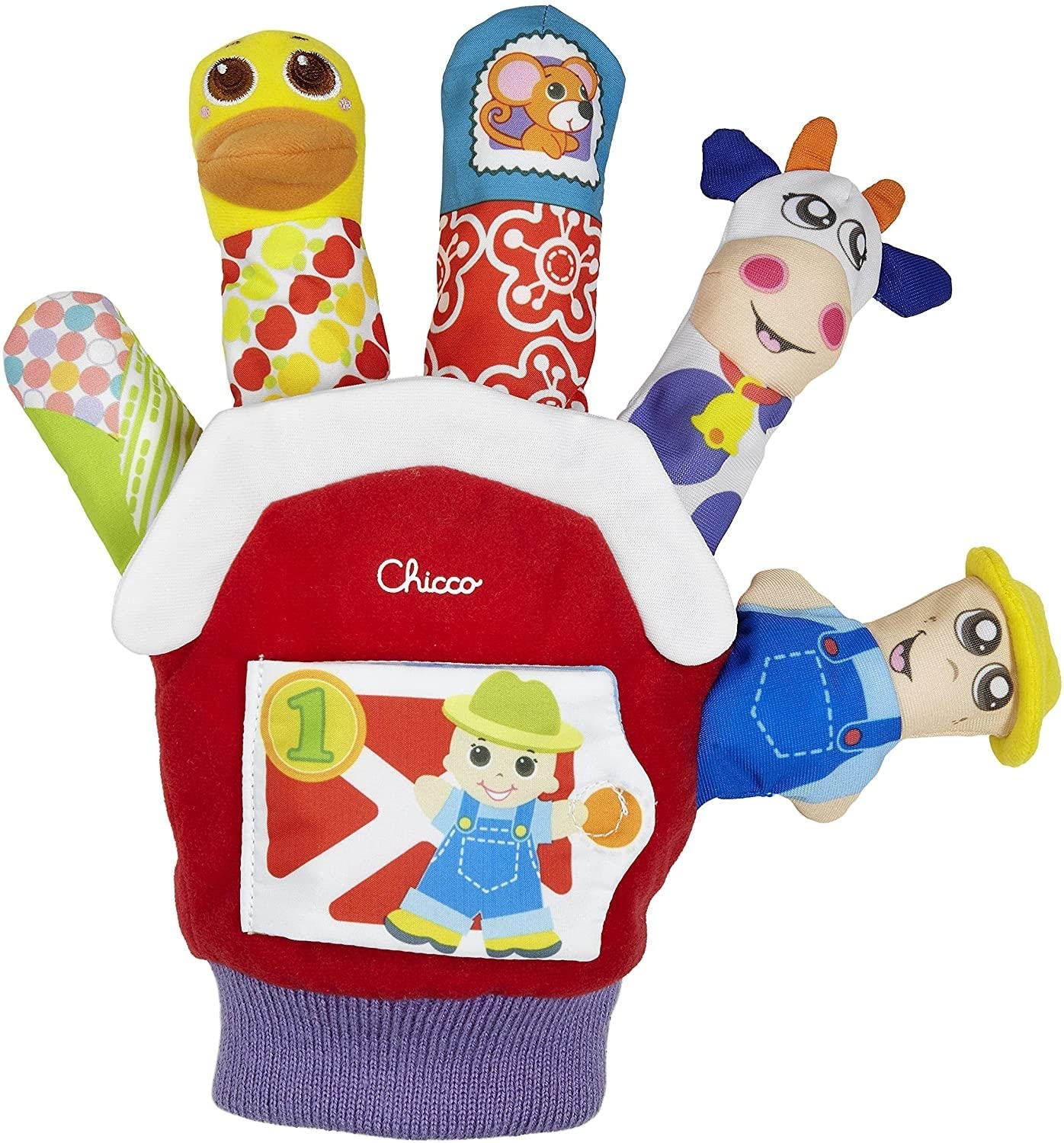 Chicco Guante Cuentacuentos, Marioneta de Granja con Libro Infantil Ilustrado para Aprender a Contar, Marionetas de Dedo de Animales de Granja, Juguetes Niños 3 Meses - 2 Años