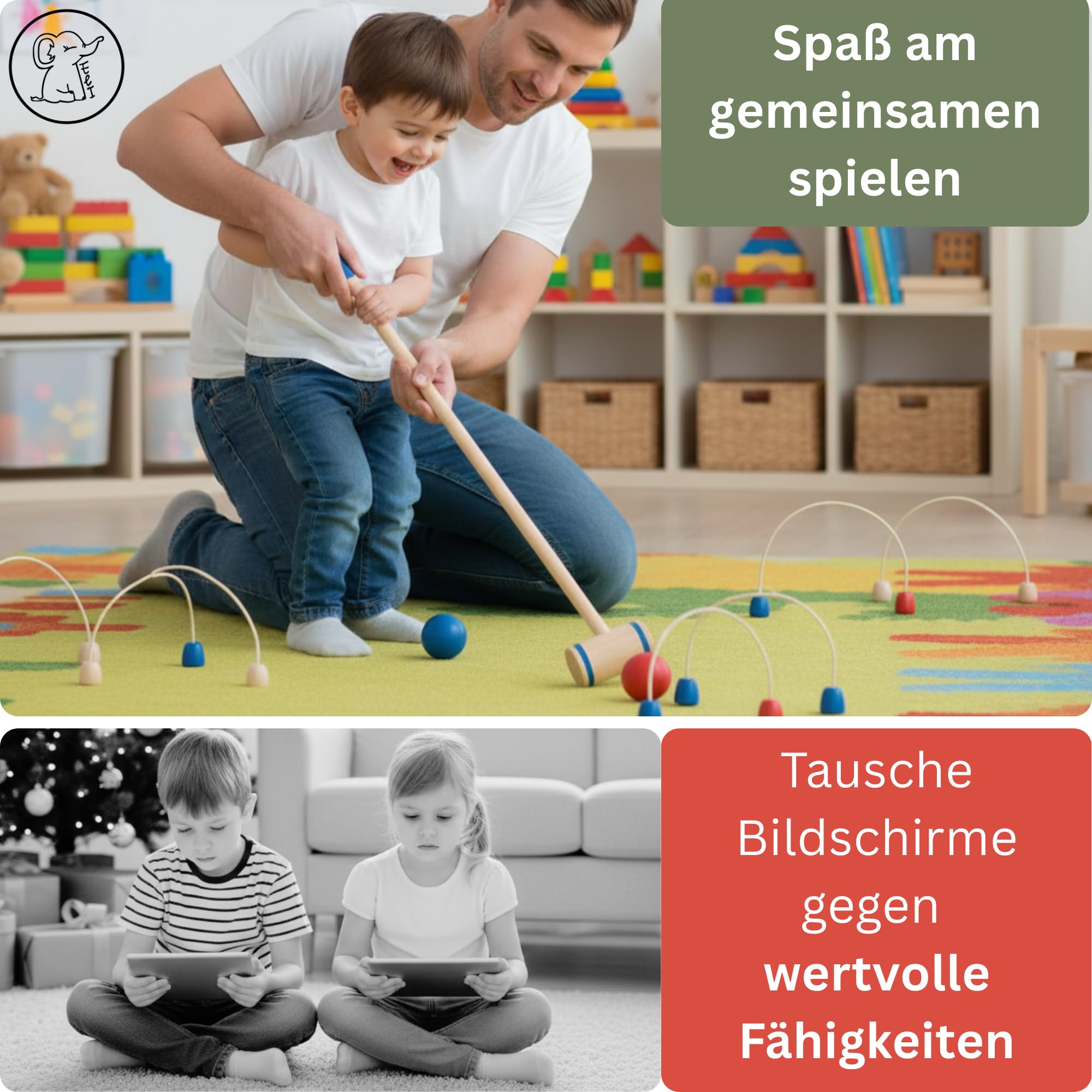 Eli® Jeu de croquet pour enfants avec raquette – Cibles et balles en bois – Kit de crocket pour l'intérieur et l'extérieur – Jouet à partir de 3 ans – Jouet en bois