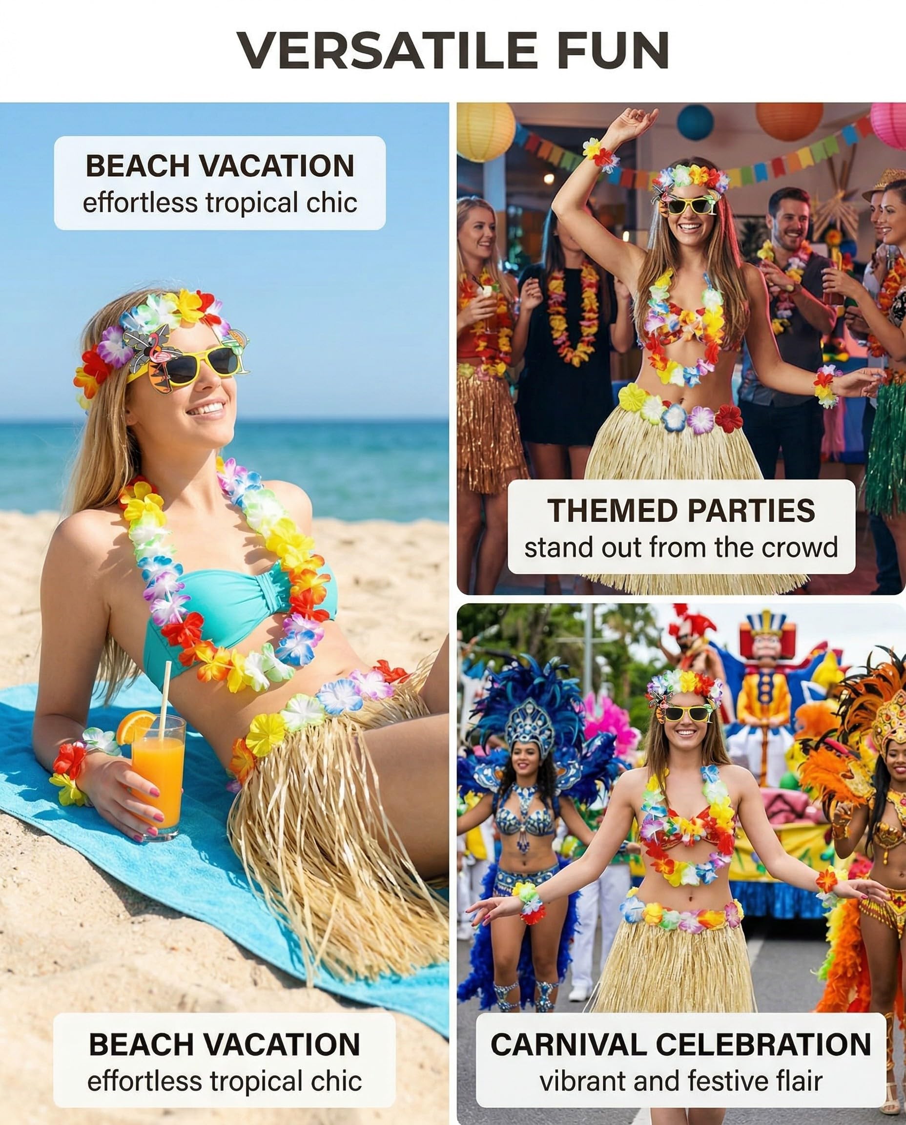 DAFNE 6 Pièces deguisement hawaienne femme, Jupe Hawaienne en Paille Paquet, Jupe Hawaienne, Hawaïen lei, Décoration de Fête Tropicale de Plage d'été, accessoire de fête tropicale Luau,Style-2