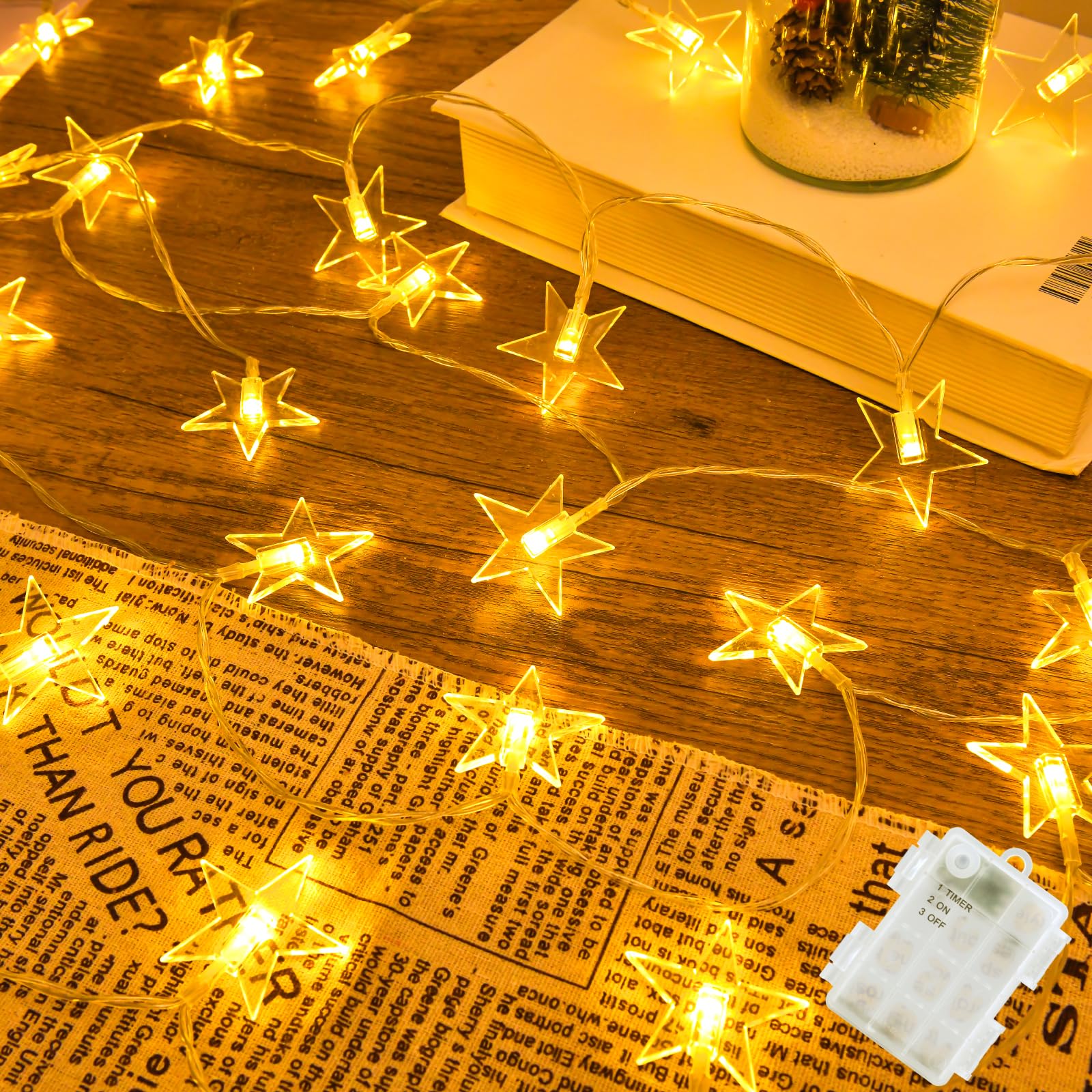 Isisyu Cadena de luces de estrellas para exteriores, 6 m, 40 LED, con batería, con temporizador, IP65, resistente al agua, luz blanca cálida, cadena de luces de estrellas, Navidad, para interior y