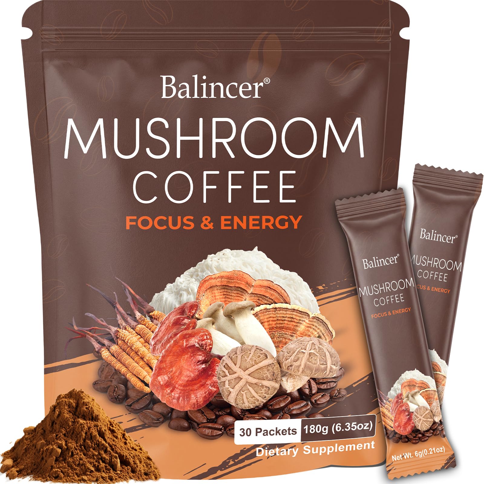 Instant Mushroom Coffee Packets with 6 Adaptogenic Mushrooms, 30 Packets