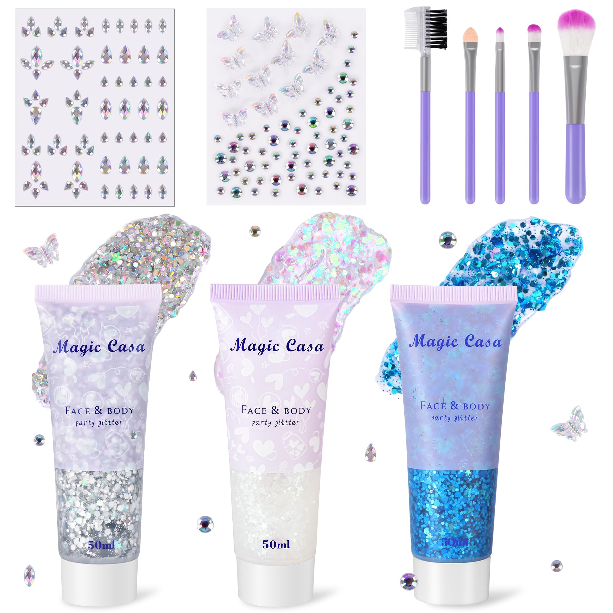 DazSpirit 3 Stück Body Glitter Gel mit 2x Glitzersteine Selbstklebend | Beinhaltet Pinsel, DIY Glitzer Strasssteine Gesicht Festival, Sequins Chunky Glitter Gel und Steine für Make Up