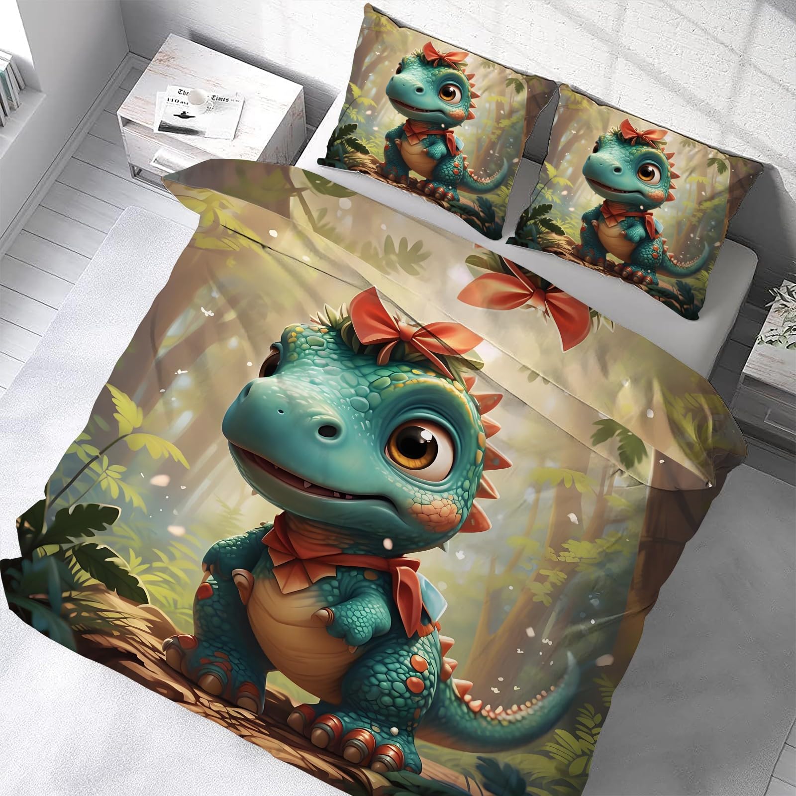 Niebiesko-zielony dinozaur poszwa na kołdrę 260x240cm, zielone rośliny zestaw pościeli, 3-częściowy zestaw miękkiej i oddychającej mikrofibry, 2 poszewki na poduszki 50 x 75 cm AN282