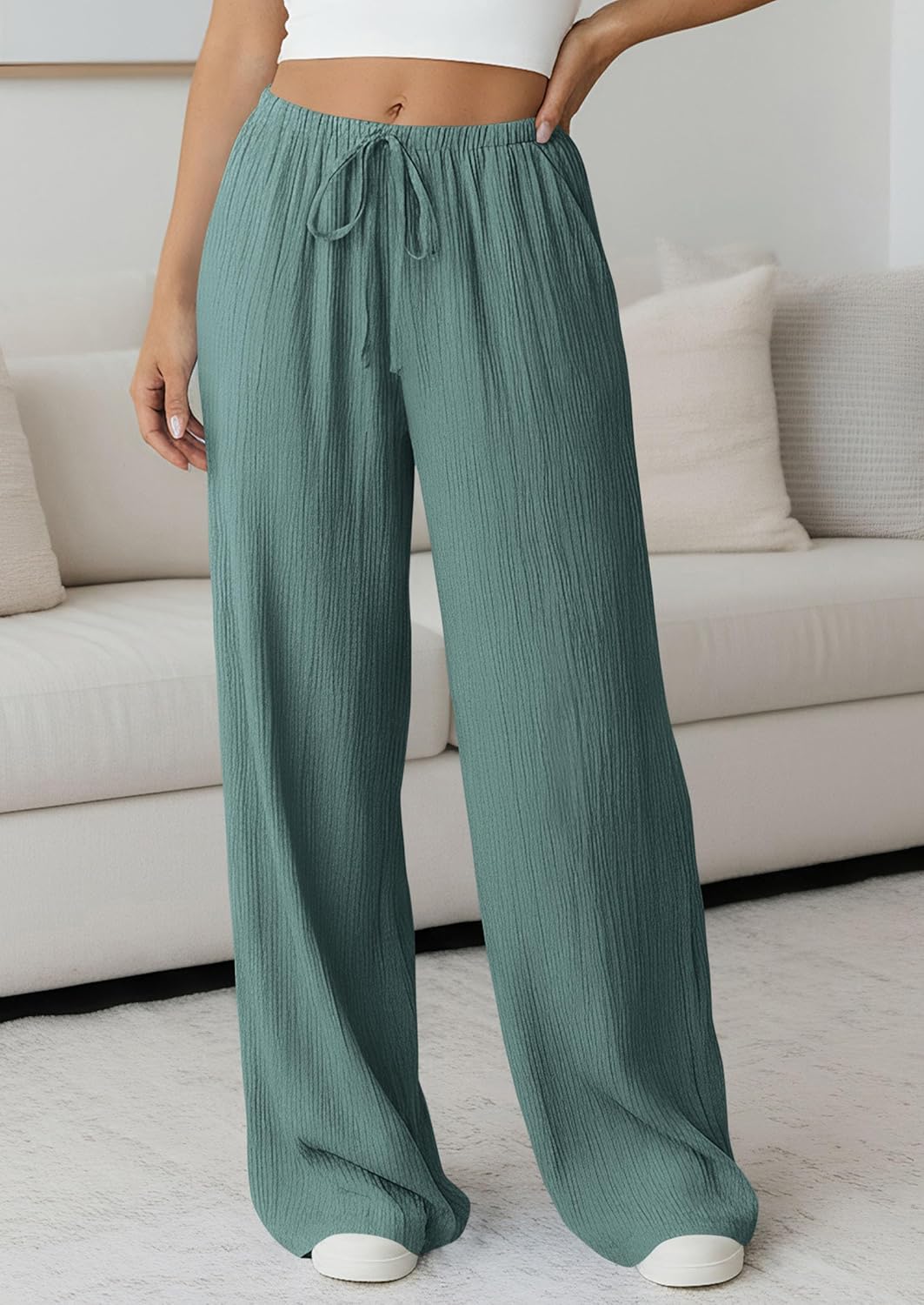 PRETTYGARDEN Womens Palazzo Pants Summer Fashion 2026 High Waisted Wide Leg Drawstring Flowy Beach Trousers with Pockets - Image 8