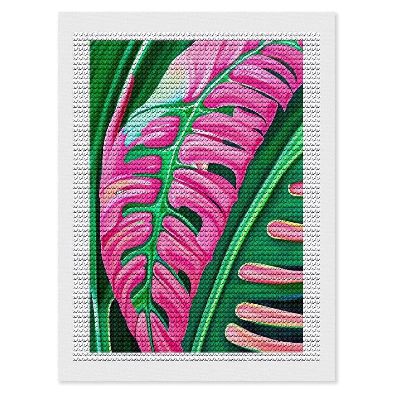 Junmoney Pink Monstera Leaf Diamond Painting Set 12"x16", Holiday Gift Idea, for Creative Relaxation, Fun Craft Experience, Vintage Style Decor