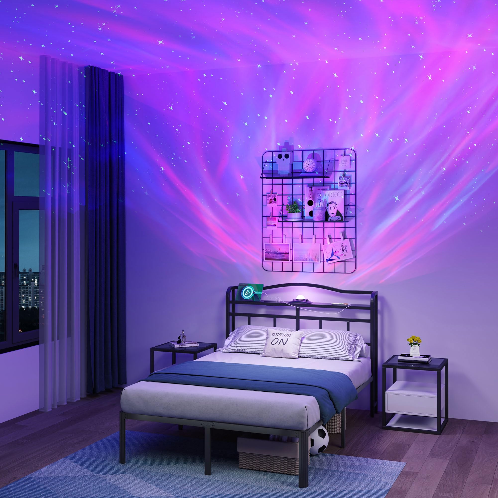 Photo 1 of SHOANED Full Size Metal Bed Frame - 14 Inch Heavy Duty Bedframe with Headboard & Charging Station Basic Steel Slats Platform with Galaxy Aurora Projector No Box Spring Needed