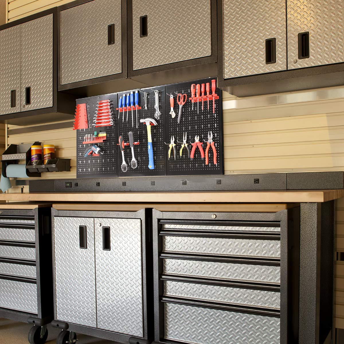 GOPLUS Organizador de Herramientas de Pared, Estante de Almacenamiento de Metal con 3 Paneles Perforados y 17 Accesorios, Soportes para Herramientas para Bricolaje Taller Garaje, 120 x 60 cm