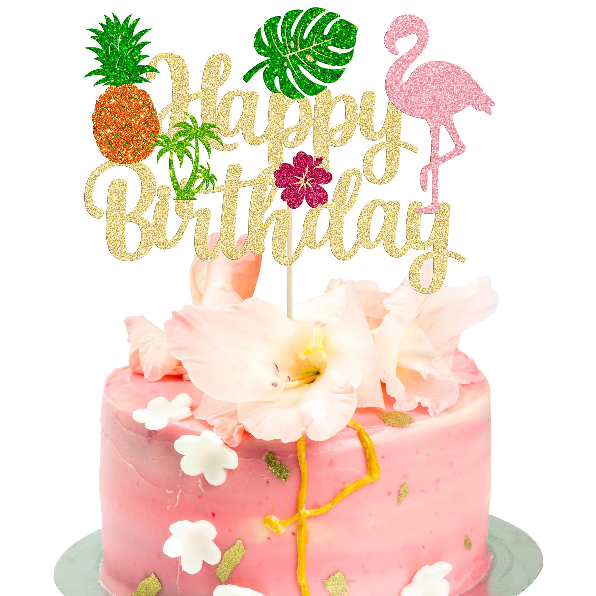 Ephlyn 1Pc Tropical Luau Happy Birthday Cake Topper Glitter Palm Tree Flamingo Pineapple Aloha Cake Pick Decorations for Hawaiian Luau Theme Birthday
