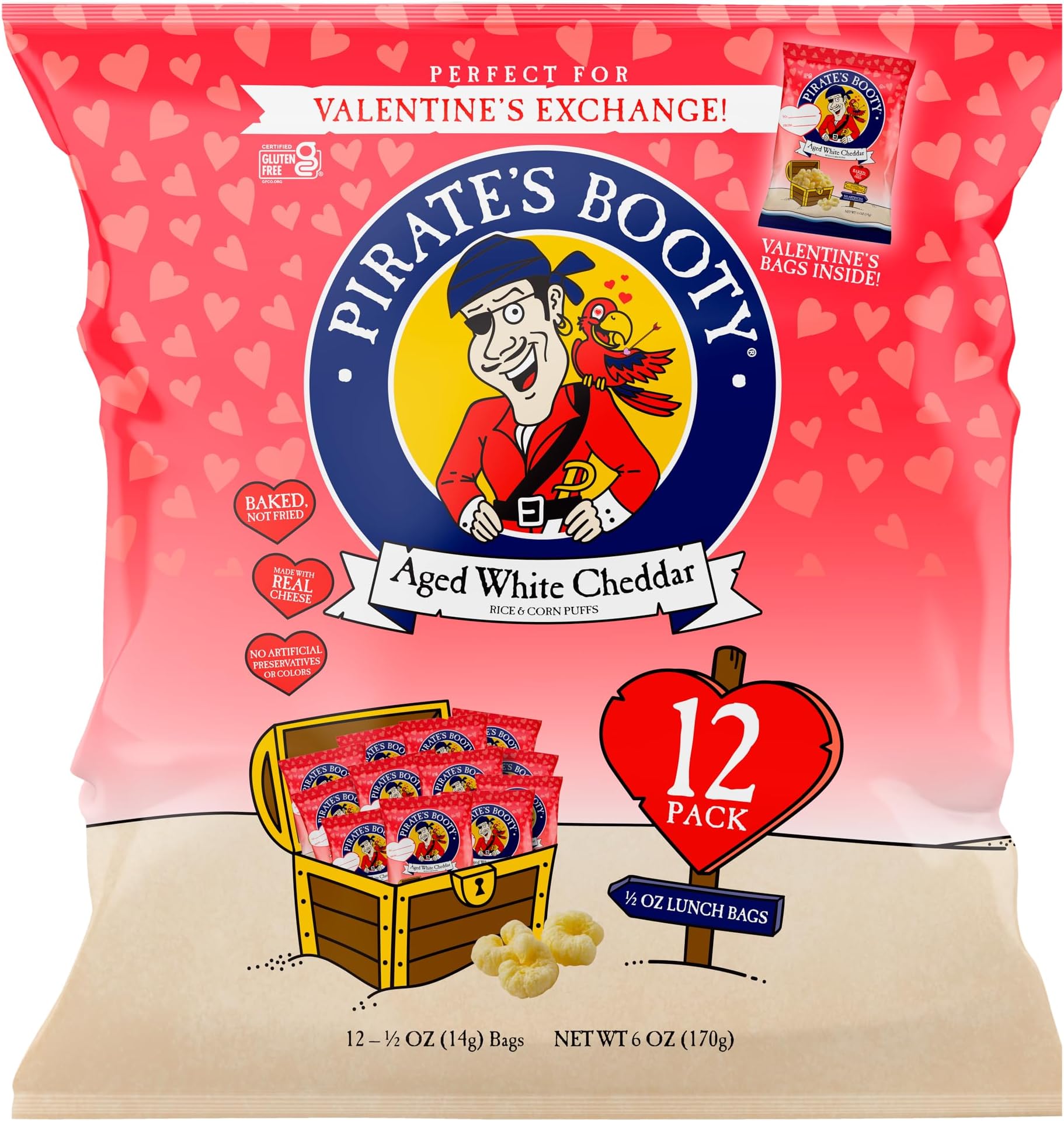 Pirate's Booty Aged White Cheddar Cheese Puffs, Gluten-Free, Kids Snacks, Valentine's Day Snack, 0.5oz (12ct)
