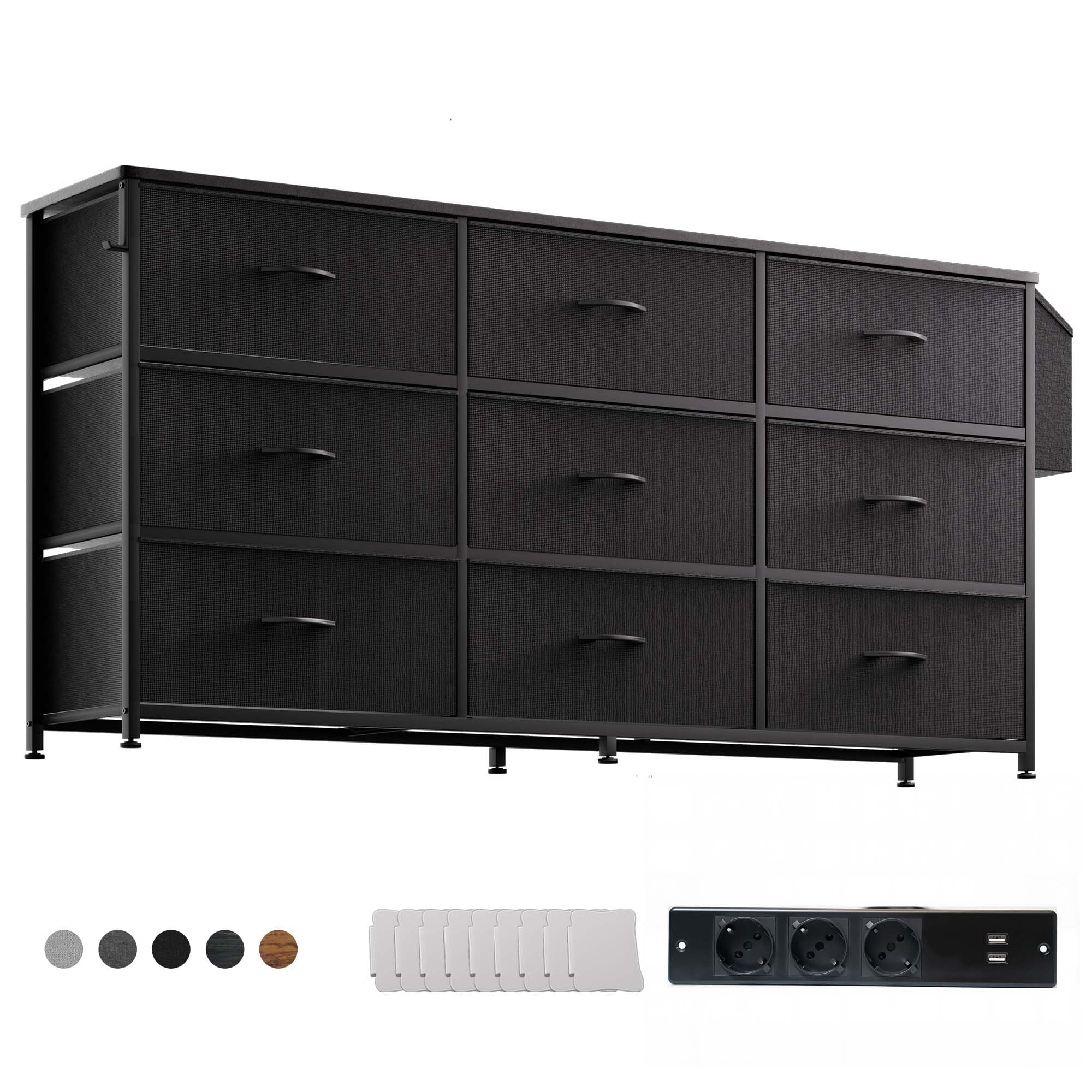 PURFINO Stoffen Ladekast Commode - Groot TV-Meubel voor 43-60 Inch TV's met 9 Laden, Etiketkaarten, Zijvak & Haak, Geurvrije Opbergunit voor Woonkamer, Hal, Slaapkamer
