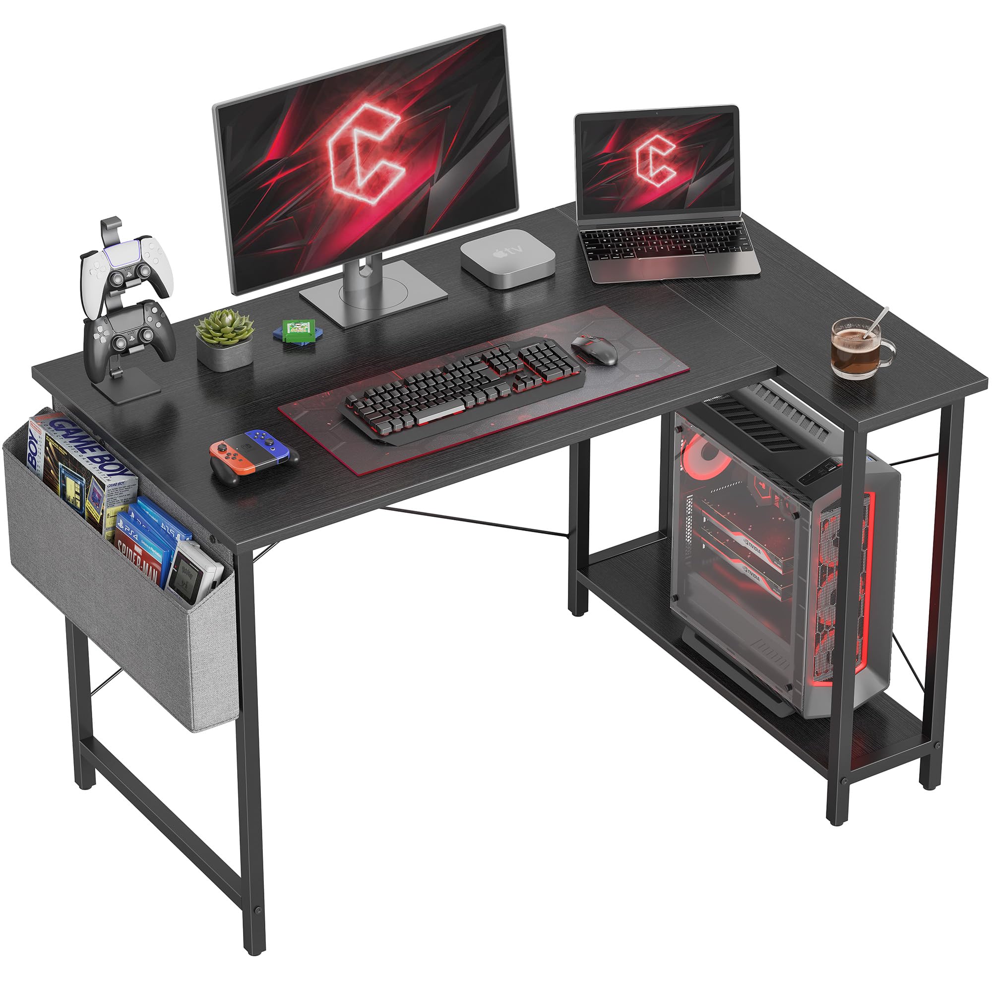 TENKIA L Shaped Desk, 47" Small Reversible Corner Computer Desk with Storage Shelves, Home Office Desk Study Writing Table, Black