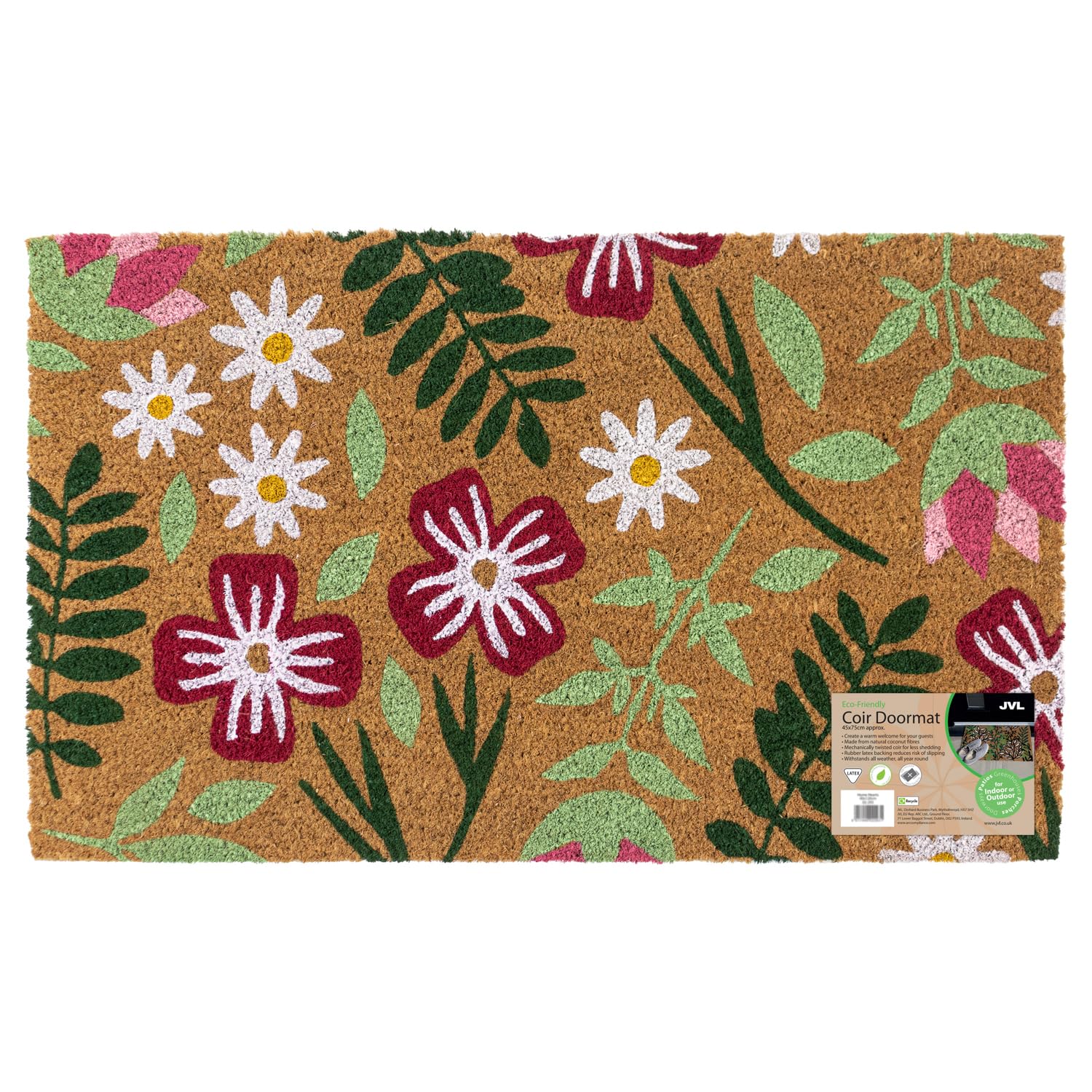 JVL Eco-Friendly Latex Backed Coir Entrance Doormat, 45x75cm - Flowers