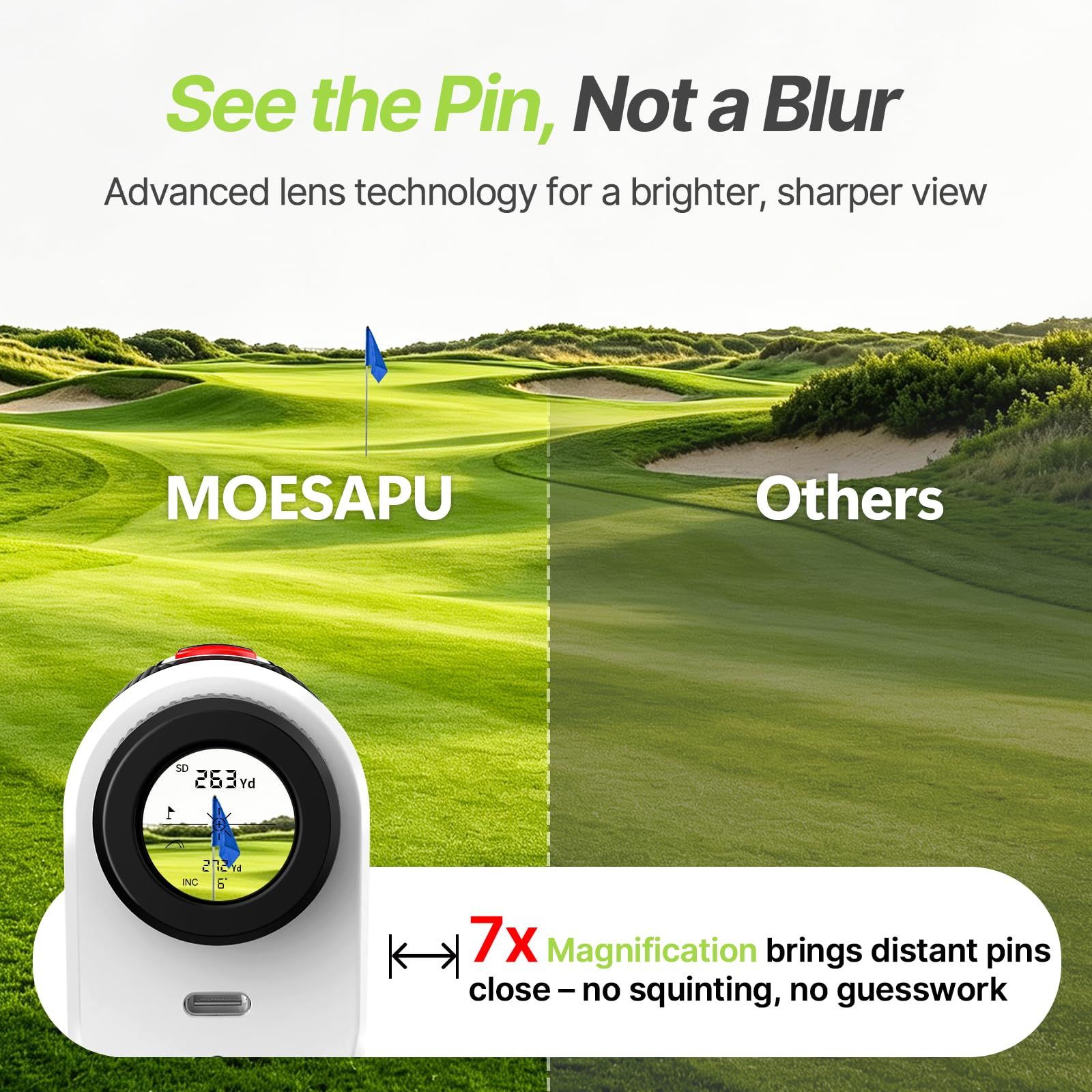 Buscador de rango de golf de 1200 yardas con pendiente de encendido/apagado, vibración de bloqueo de pin, tira magnética y aumento de 7x, pantalla transparente de alta definición, telémetro de golf