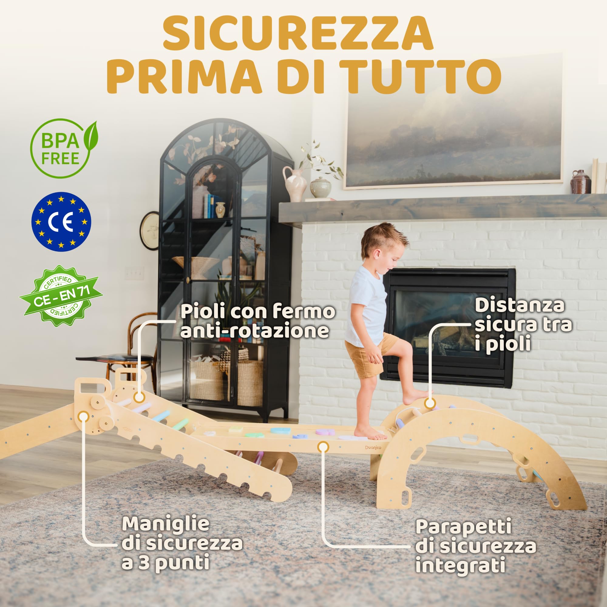 9in1 Montessori triangolo grande da 1 a 7+ anni – 5 angoli regolabili – set di palestra in legno con arco Montessori e rampa per l'arrampicata per bambini da esterno ed interno