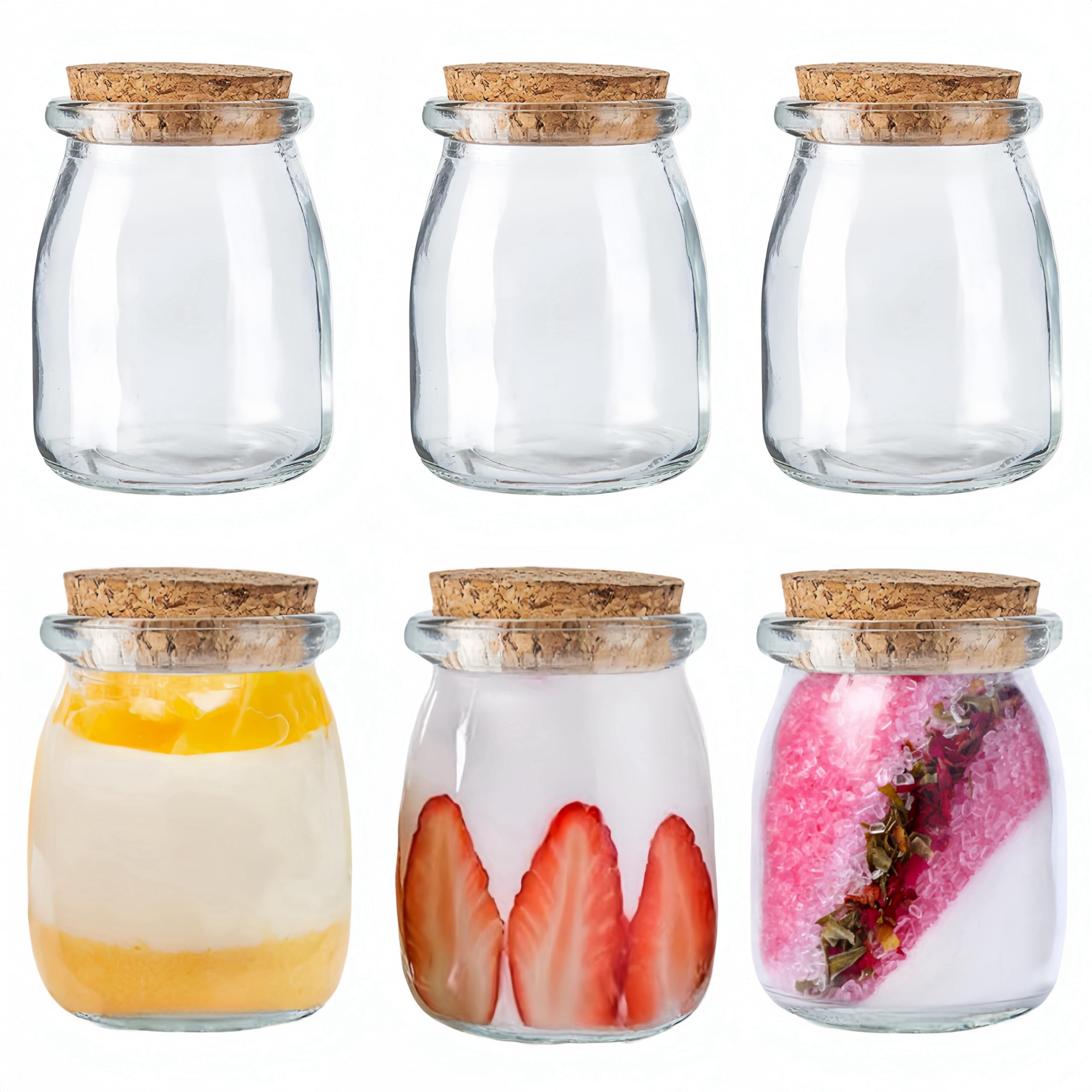 Meetoz Transparent 6Pcs 200Ml Pudding Glass Bottle,Yogurt Glass Jars With Cork Lid,Mini Cup Small Glass Bottles For Yogurt Making, Pudding, Milk, Jelly