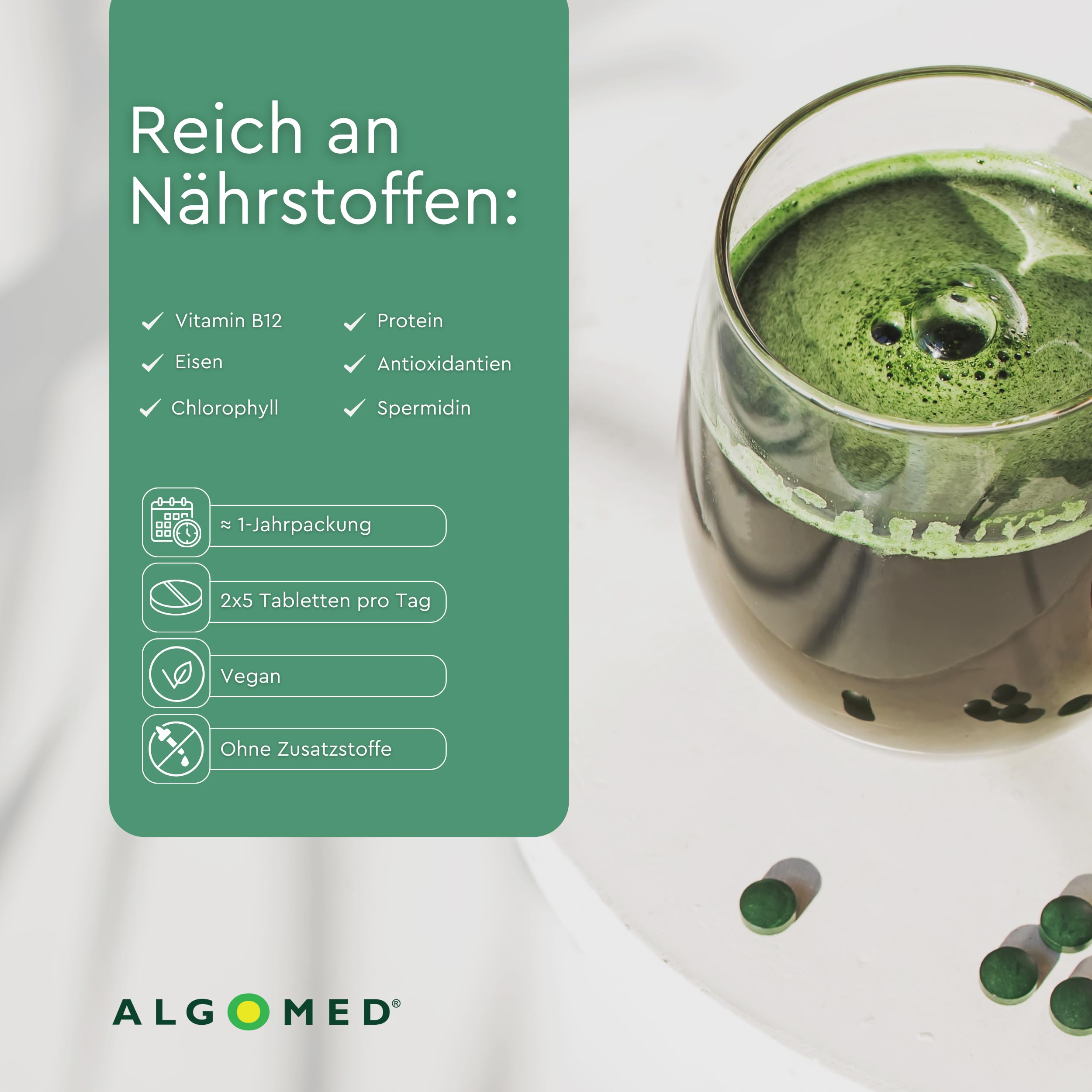 Chlorella Tabletten aus Deutschland - ca. 3334 Premium Chlorella Presslinge - 100% rein, ohne Zusätze - laborgeprüft, kontrolliert & vegan - (1 x 1 kg)