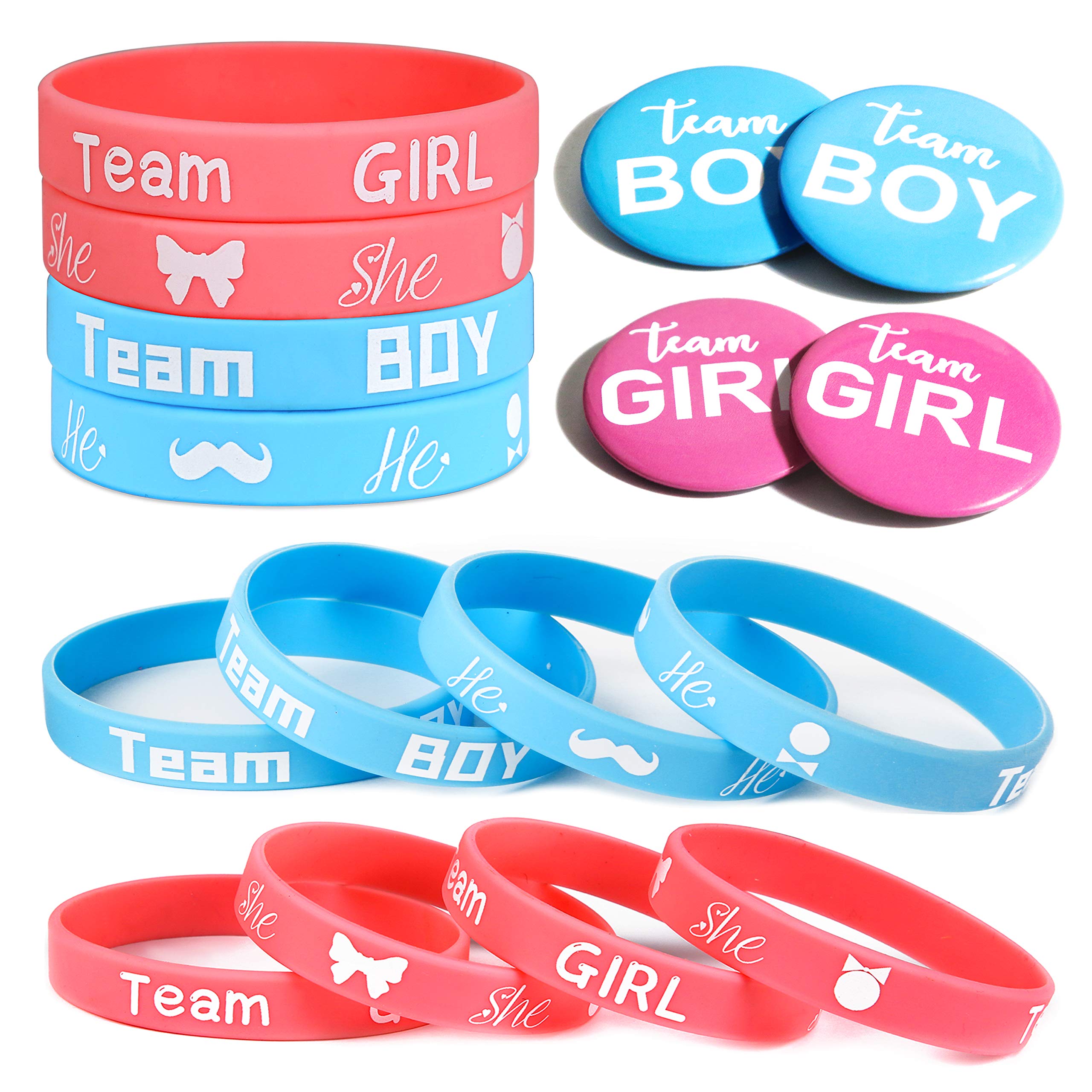 PROLOSO 48 Pack Gender Reveal Bracelets and Pins Silicone Boy or Girl Wristbands Button Pins for Gender Reveal Party Supplies Baby Shower