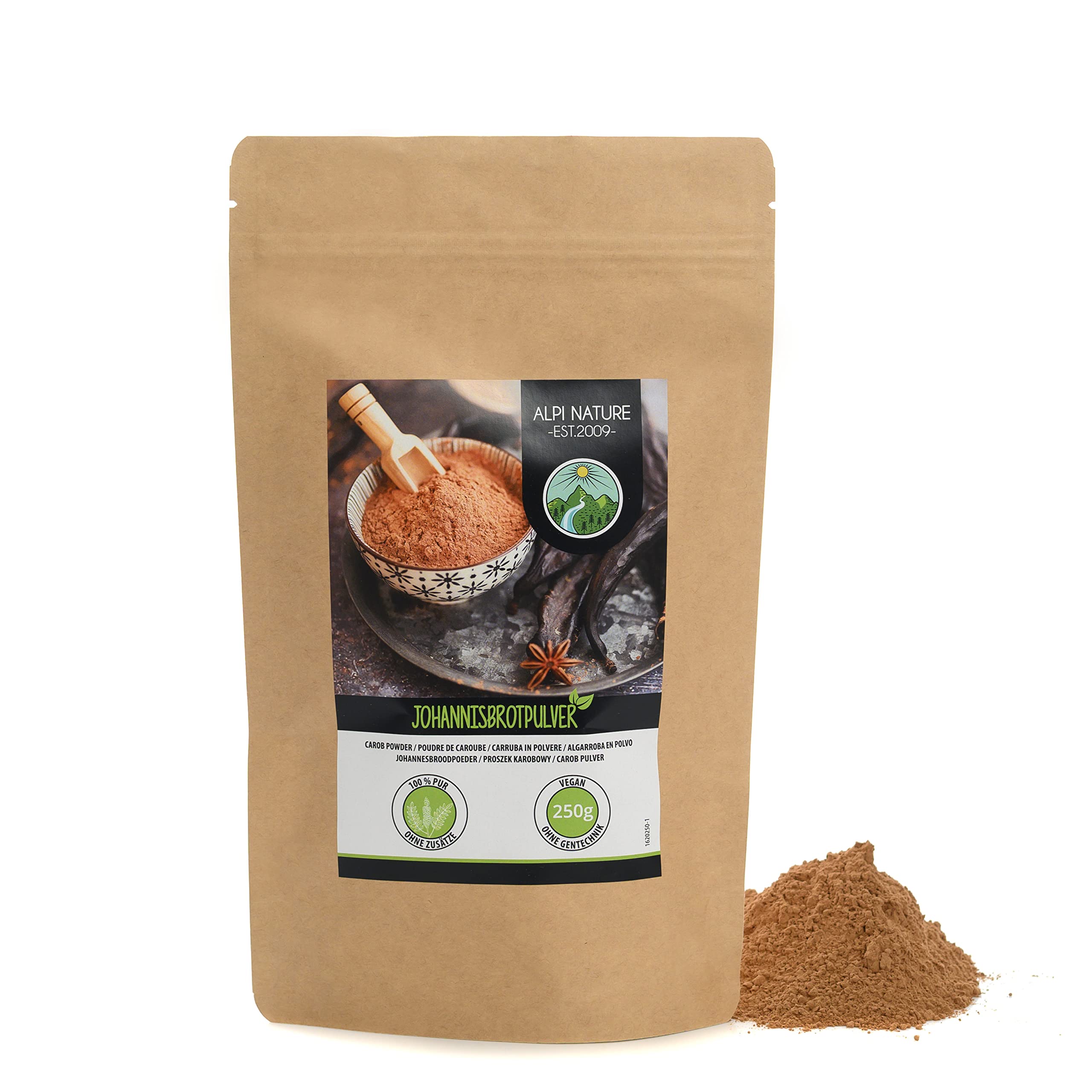 Carob powder (250g, 8.8oz), natural and vegan carob, gently dried and ground, dark carob powder without additives