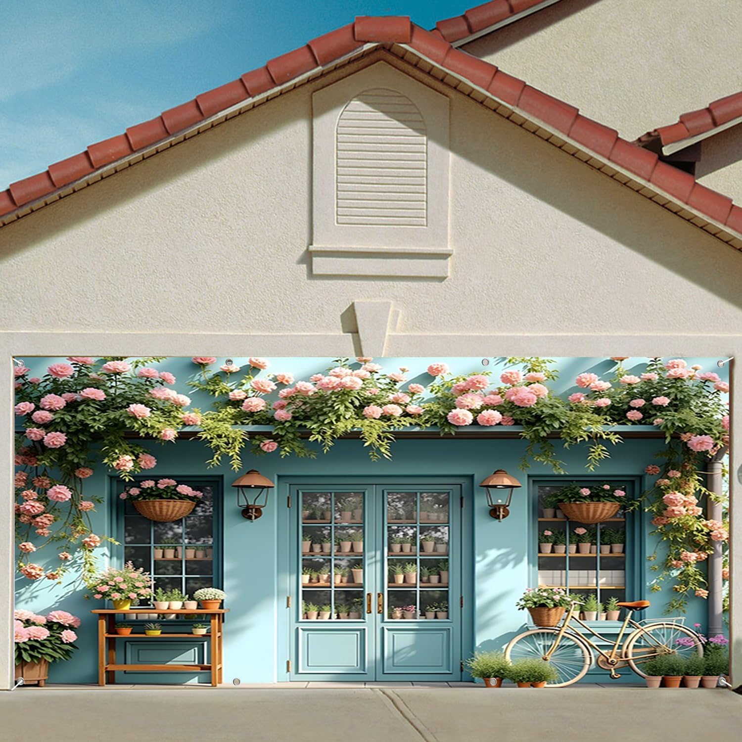 7x16ft Blue Flower Shop Garage Door Decor Spring Beautiful Pink Florals Potted Plant Wooden Frame Bicycle Garage Door Backdrop for Wedding Couple Bridal Shower Garage Door Banner