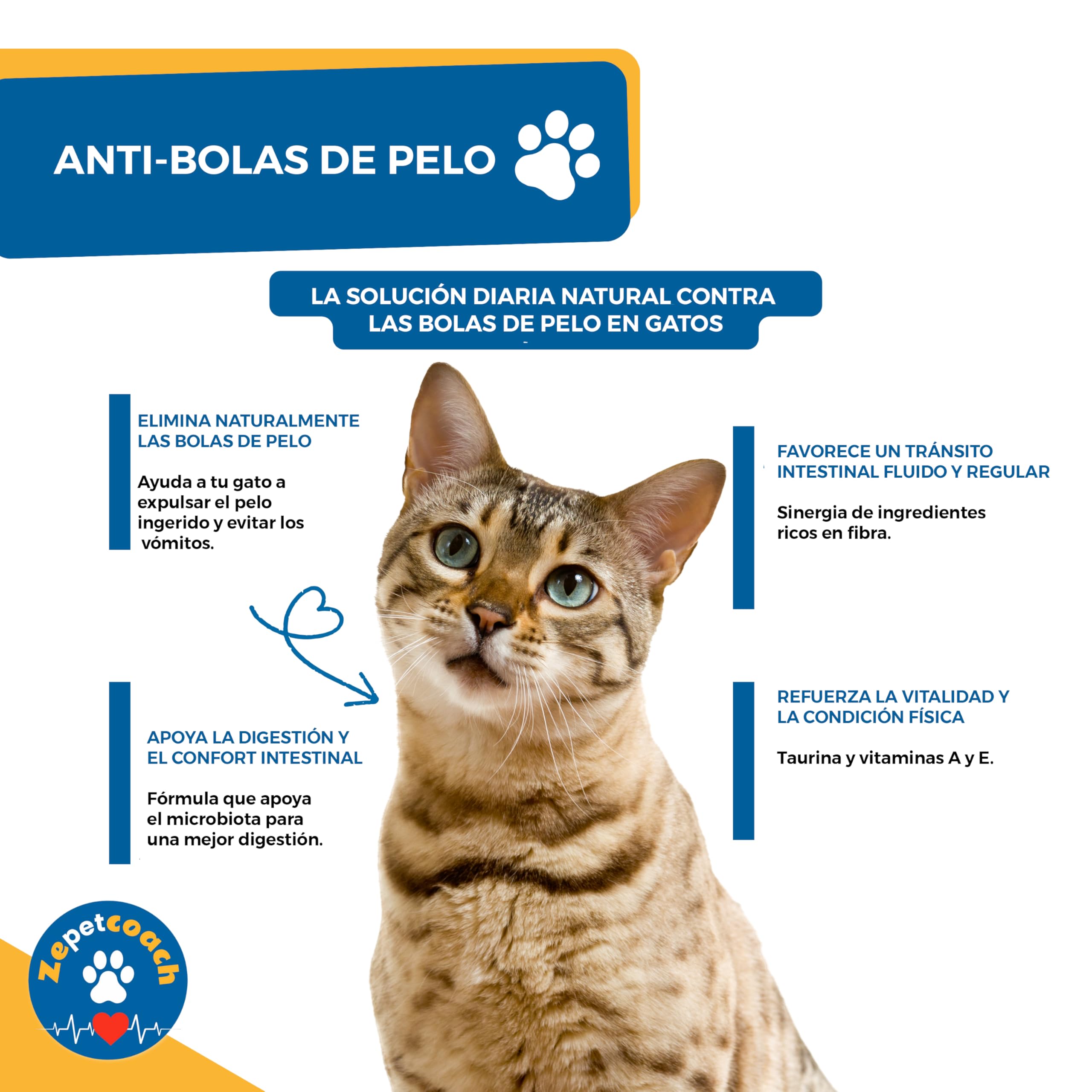 Anti-Bolas de Pelo Gato – ZPC – Complemento Natural para la Digestión y el Tránsito – Taurina, psyllium y achicoria – 250 g