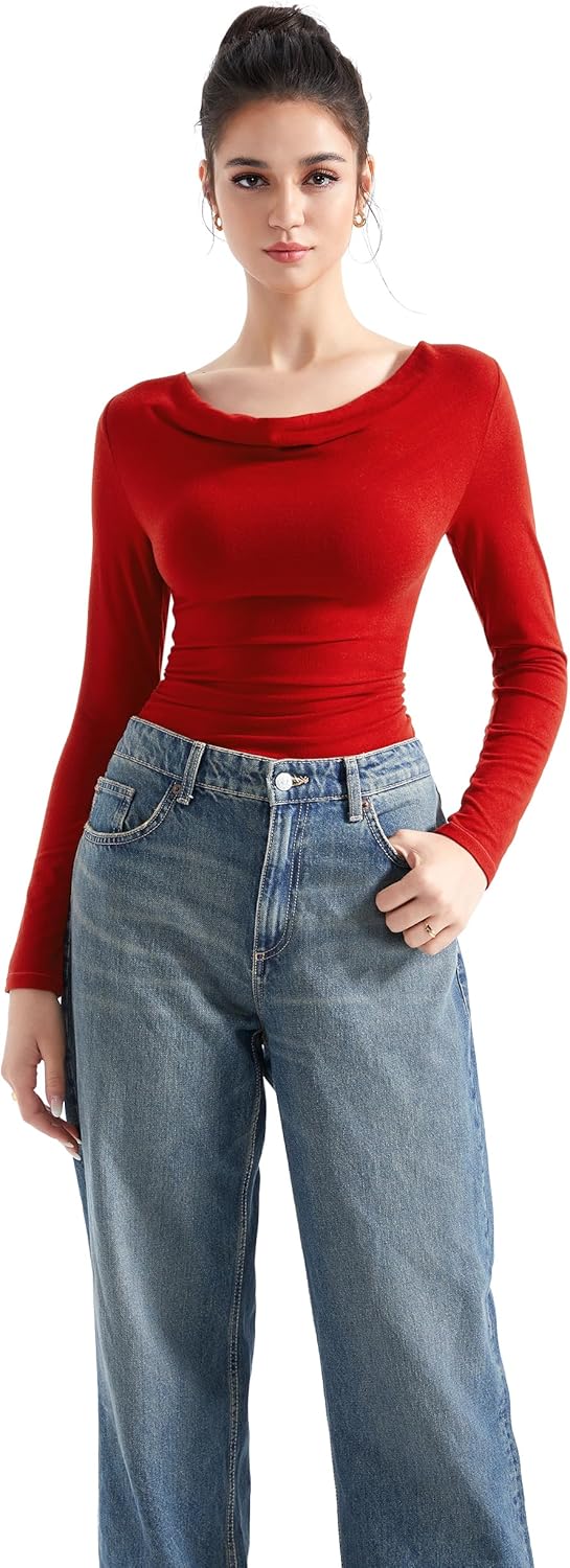 SUUKSESS Women Long Sleeve Off Shoulder Tops Trendy Cowl Neck Going Out Shirt for Fall - Image 4