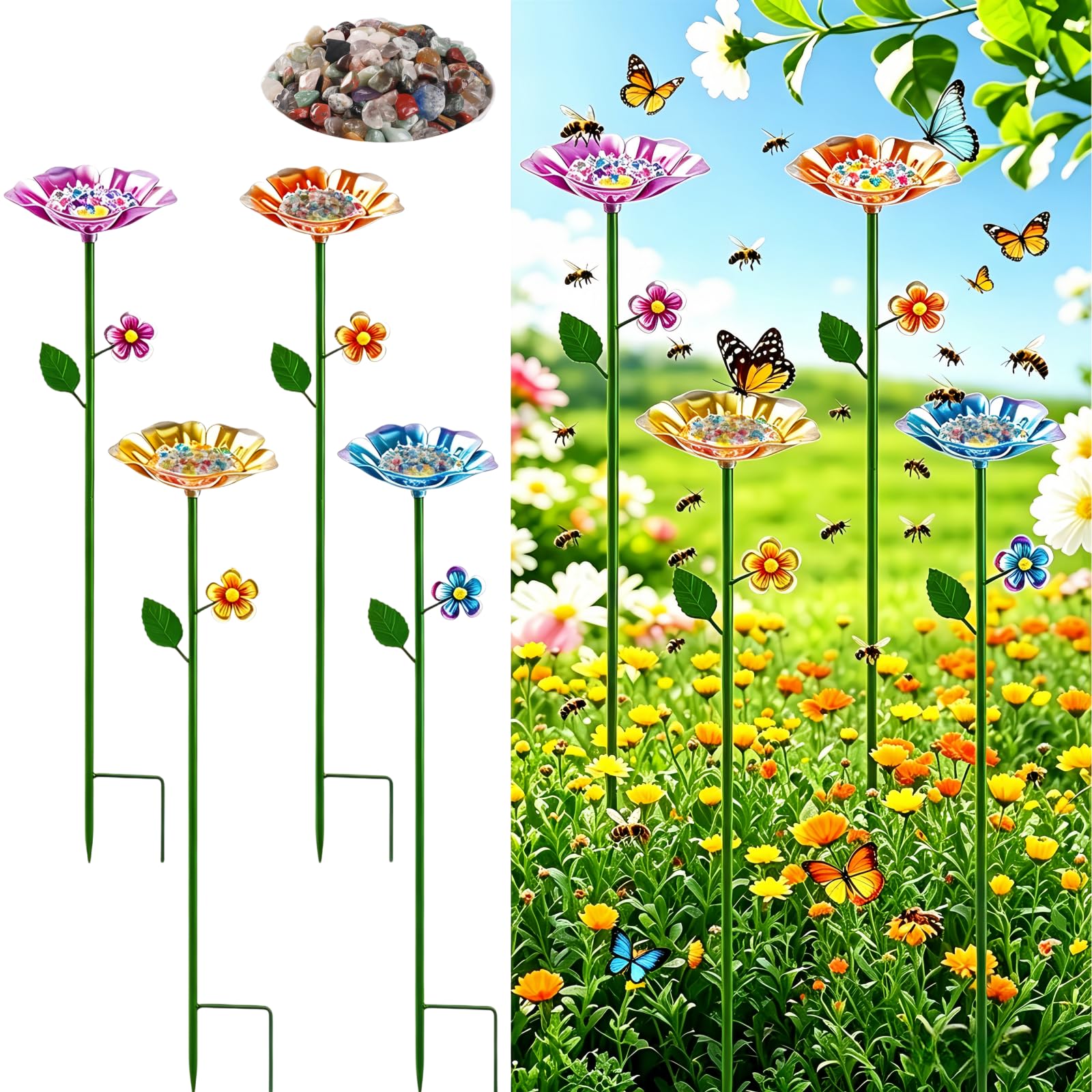 4 Pack Bee Watering Station for Garden, Bee Cups with Coloured Stones, Colorful Garden Stakes Decorative, Bee Butterfly Feeders for Bees Butterflies & Pollinators, Outdoor Bee Bath for Thirsty Bees