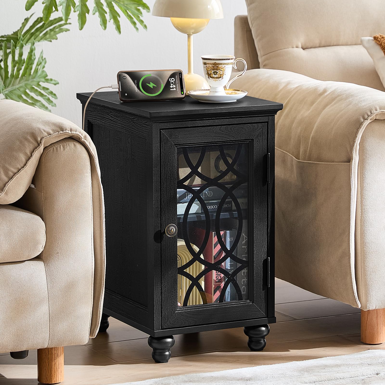 Narrow Side Table with Charging Station, Night Stand with Glass Door, Bedside End Tables with Adjustable Shelf Storage Cabinet,Wood Nightstand for Small Spaces Living Room Bedroom